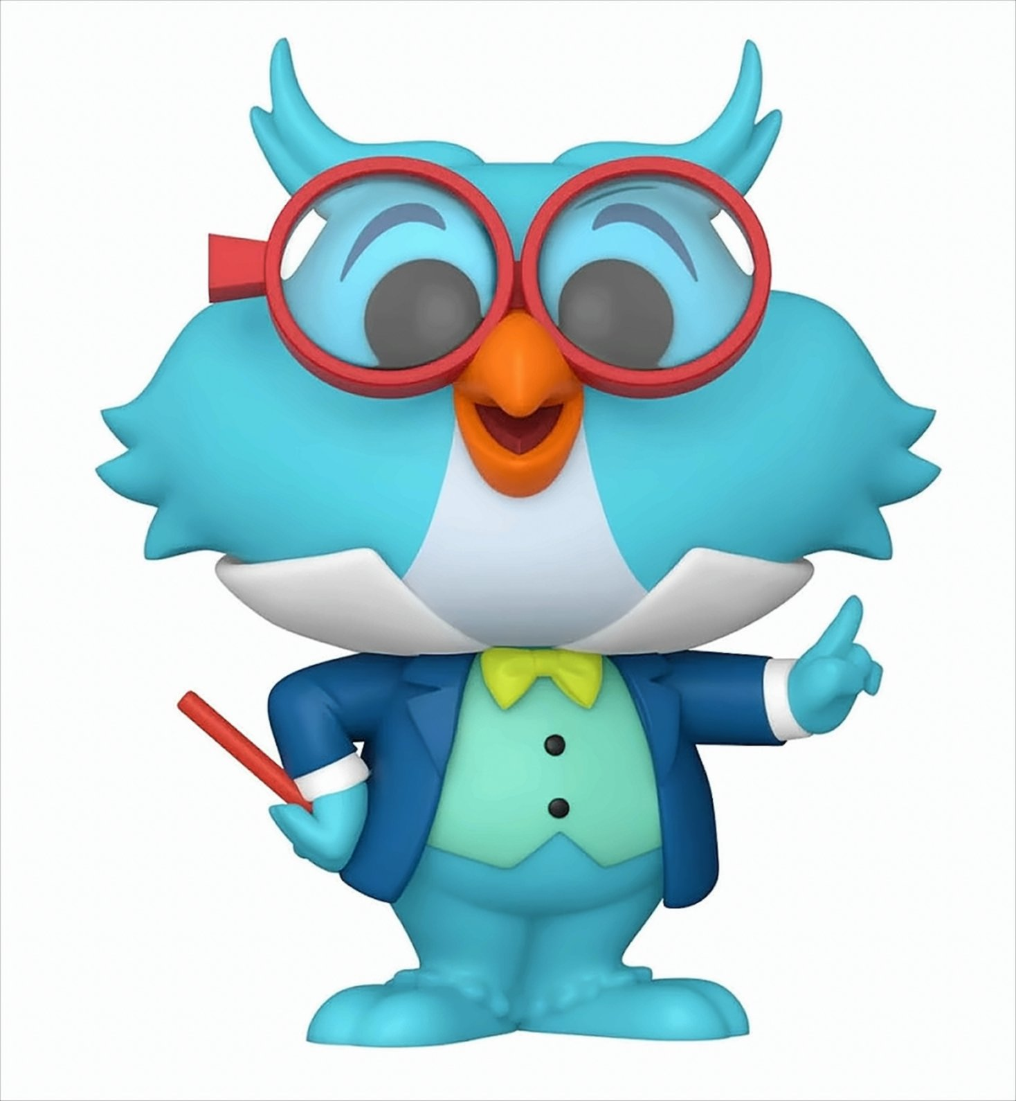 Statua a forma di gufo dei cartoni animati con occhiali, papillon e abito, con un puntatore.