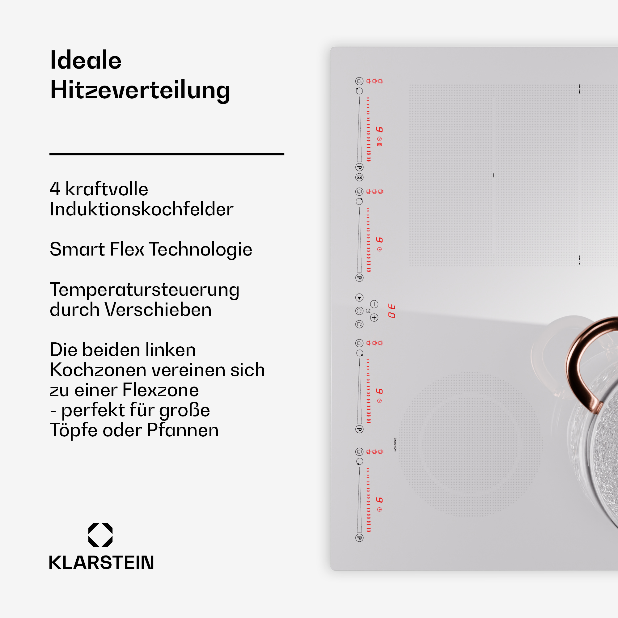 Weißes Induktionskochfeld mit roten Markierungen und einem Topf. Text über Funktionen links.