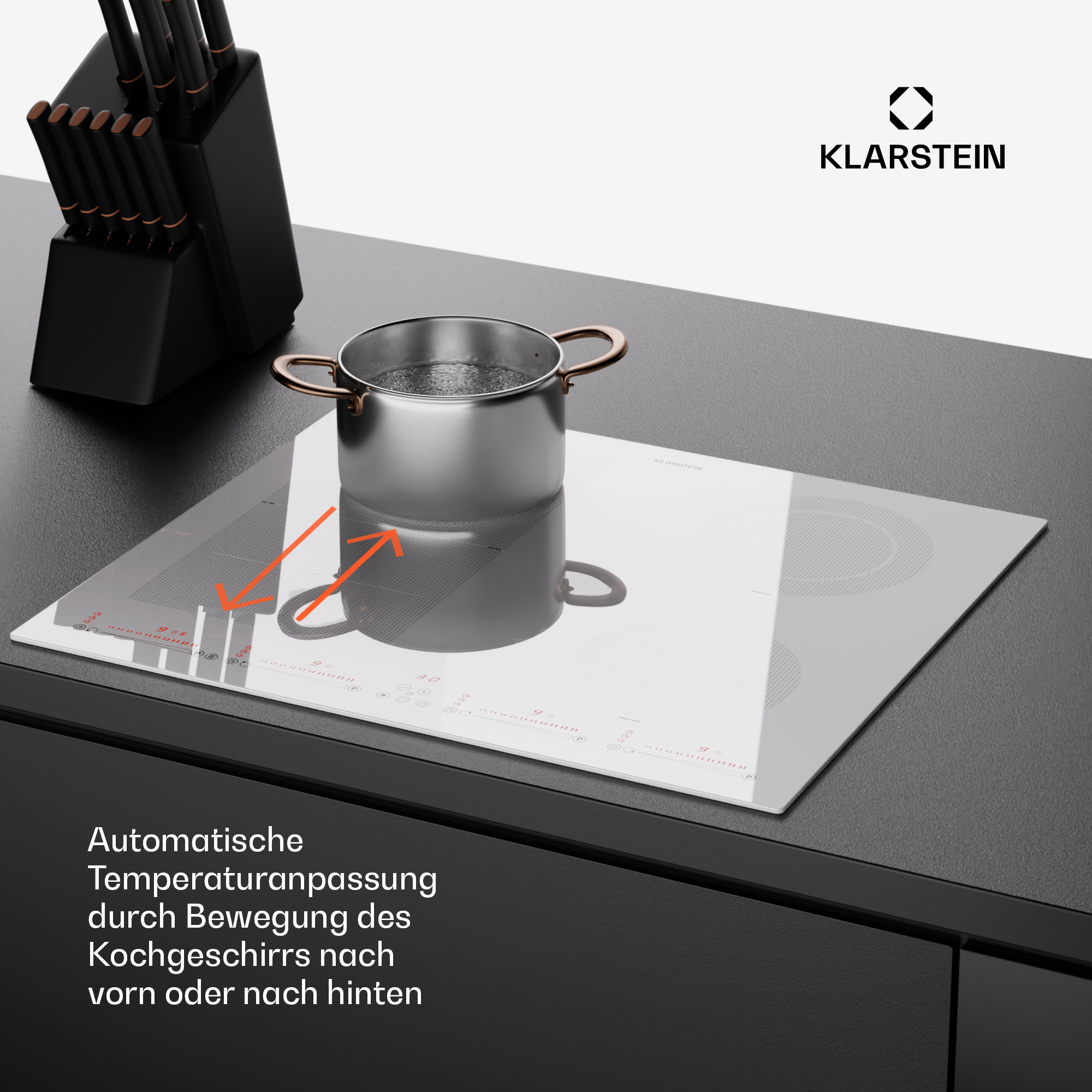 Ein Induktionskochfeld mit Topf. Pfeile zeigen die automatische Temperaturregelung an.