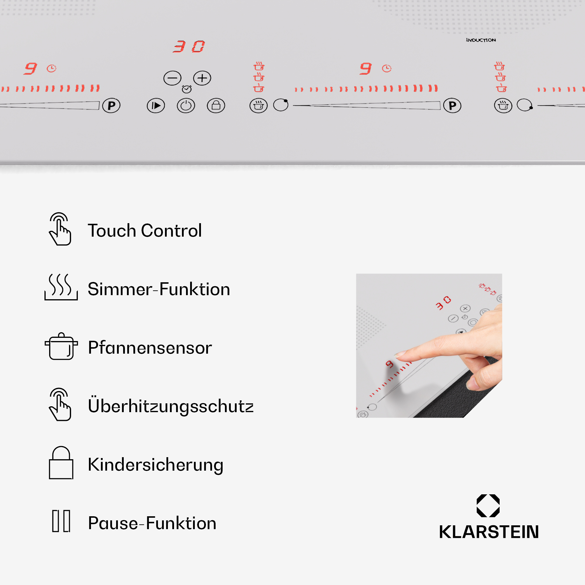 Induktionskochfeld mit Touch-Bedienelementen und einer Hand, die die Oberfläche berührt.