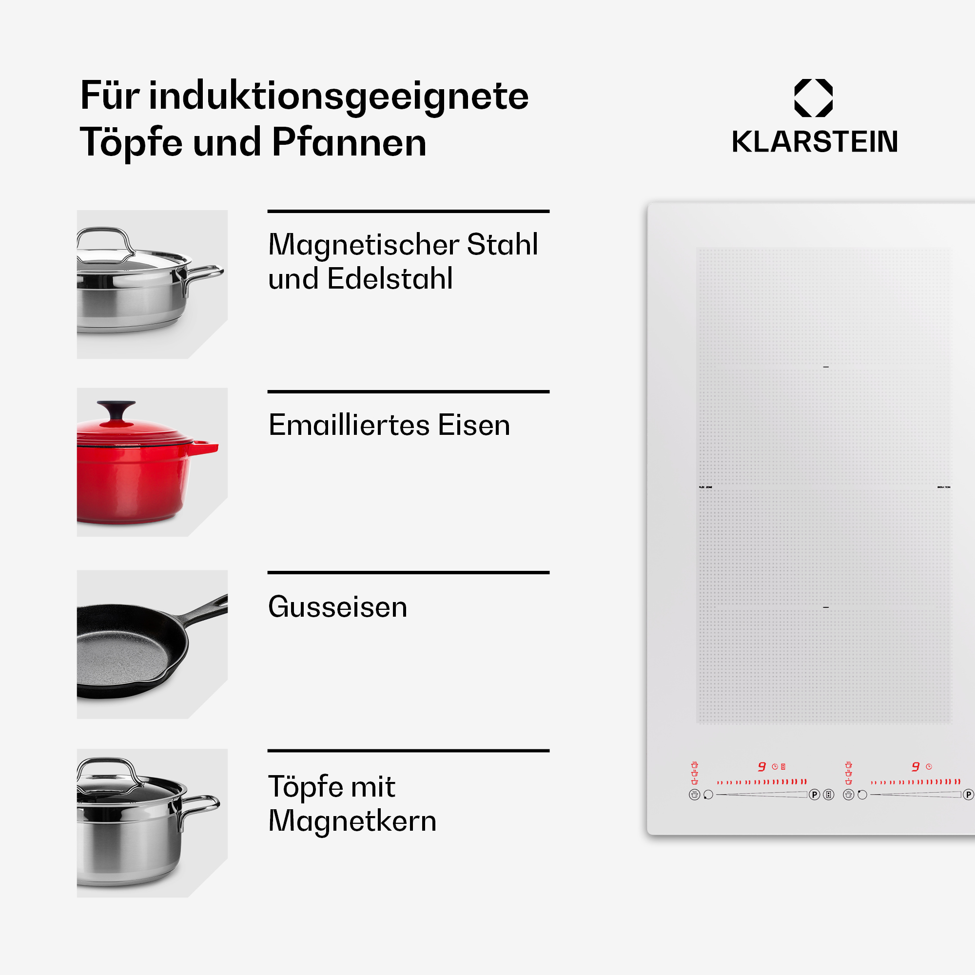Induktionskochfeld und Diagramme für geeignetes Kochgeschirr.