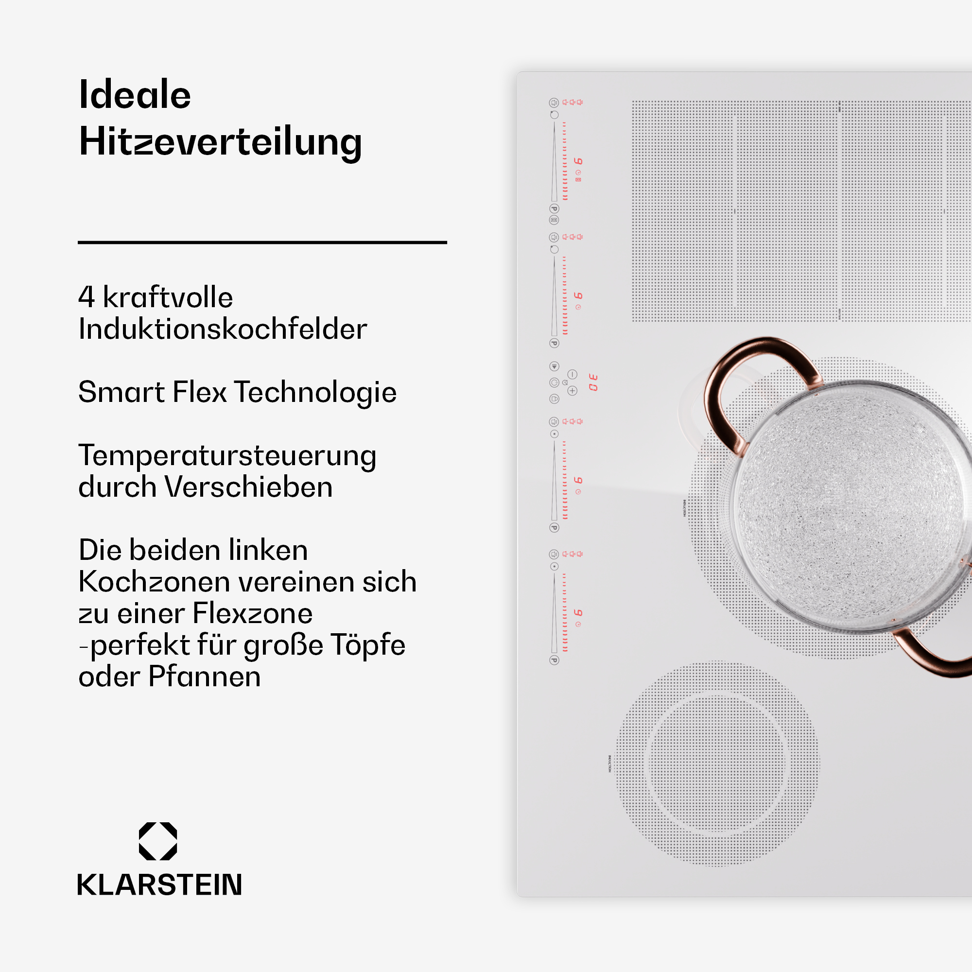 Ein weißes Induktionskochfeld zeigt die Kochzonen und einen kupferfarbenen Topf an Ort und Stelle.
