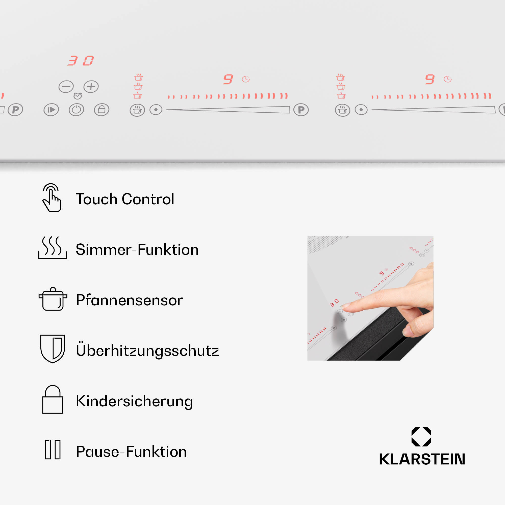 Kochfeld mit Touch-Steuerung, Symbolen und Hand; bietet Touch-Steuerung, Köcheln und mehr.