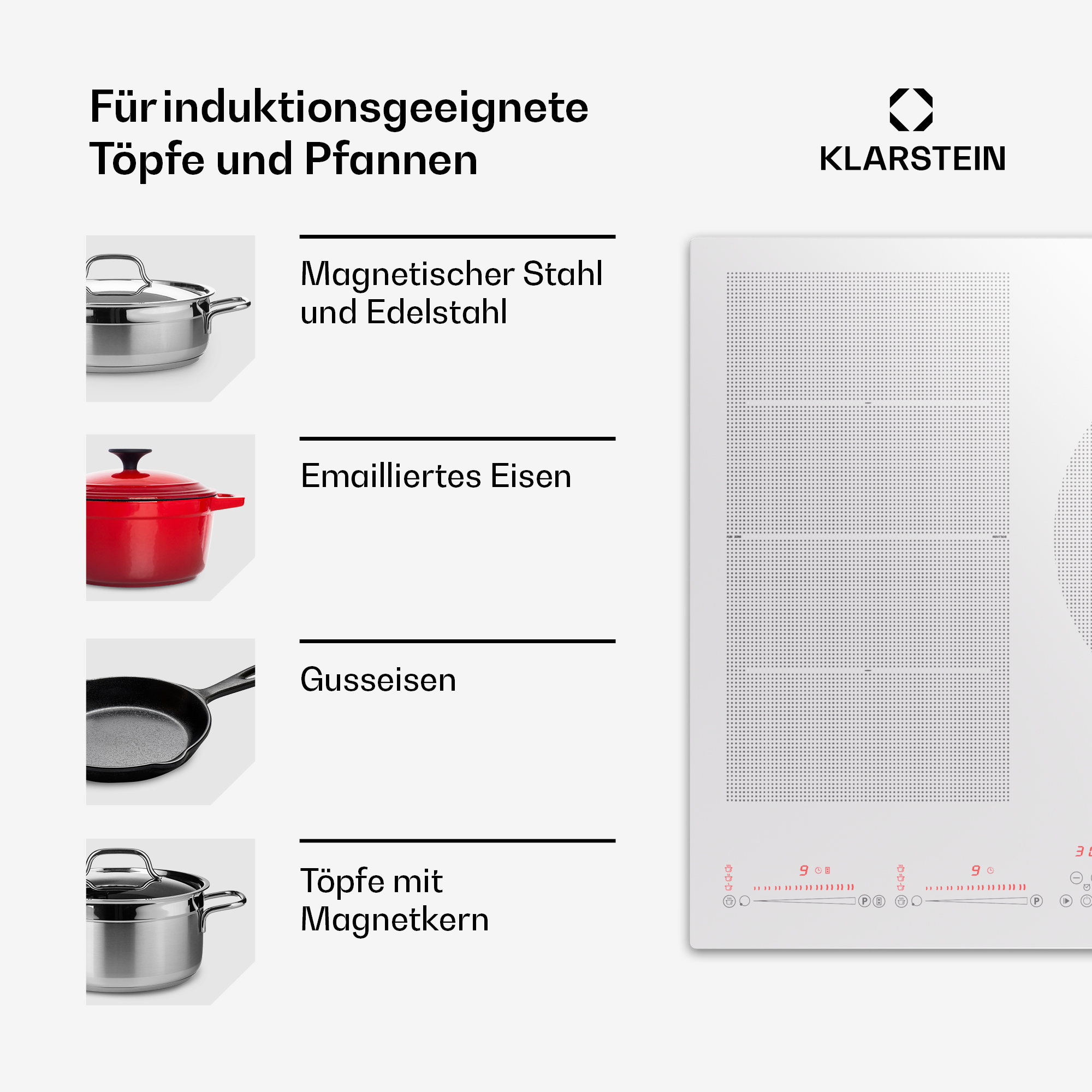 Ein weißes Induktionskochfeld mit Töpfen und Pfannen, verschiedene Materialien und Marken.