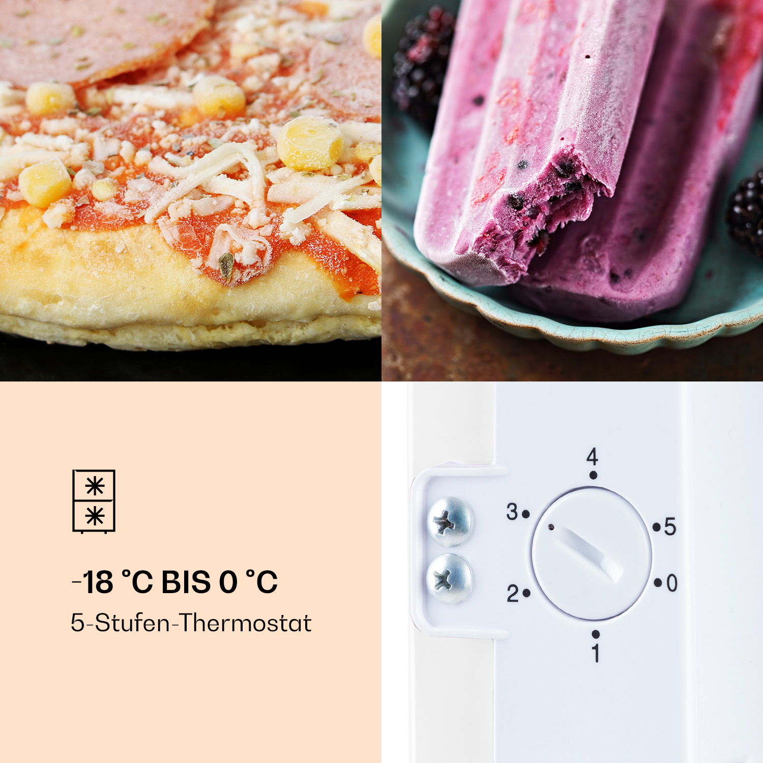 Primo piano di pizza e ghiacciolo. Anche un termostato del frigorifero che mostra le impostazioni della temperatura.