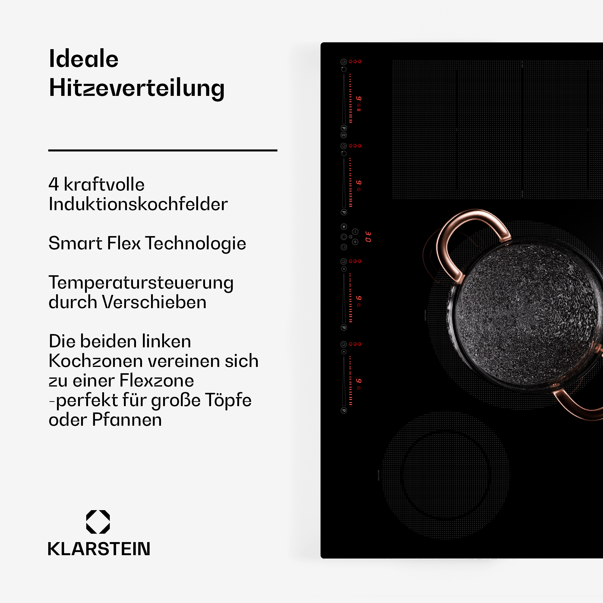 Schwarzes Induktionskochfeld mit Text zur Hitzeverteilung.