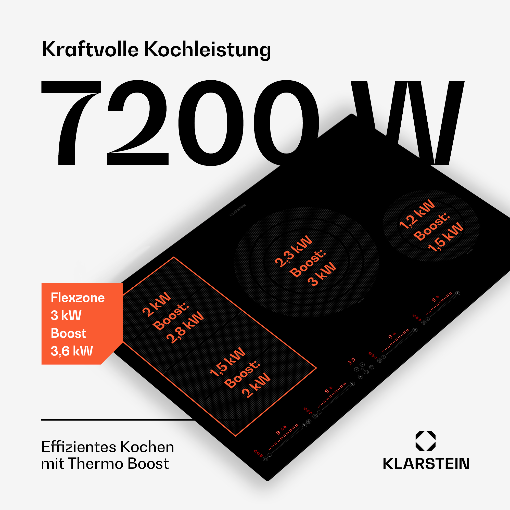 Schwarzes Induktionskochfeld mit 7200 W Leistung, drei Kochzonen und einem Klarstein-Logo.