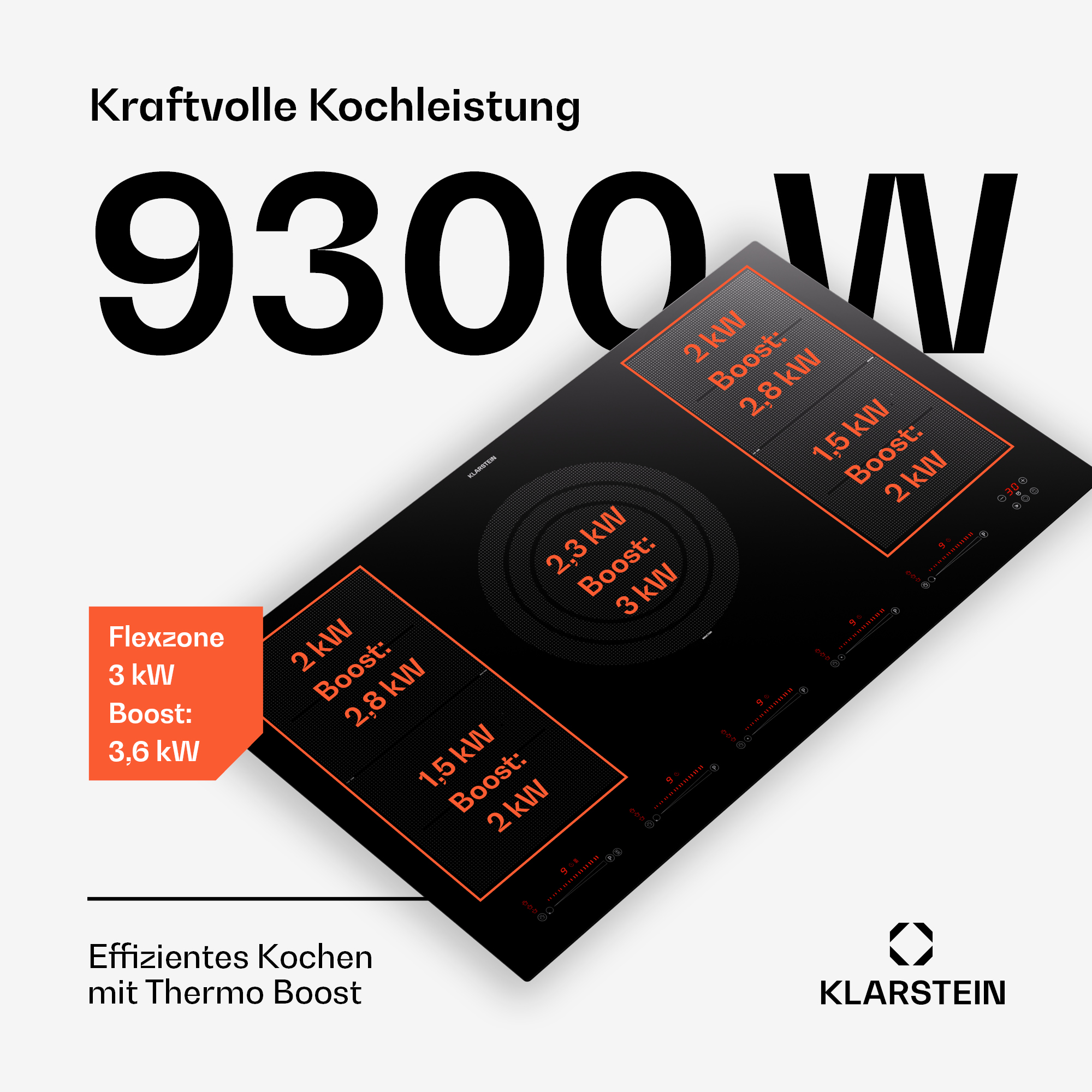Schwarzes Induktionskochfeld mit orangefarbenem Text. Zeigt Leistungsstufen und Heizzonen, mit Logo.