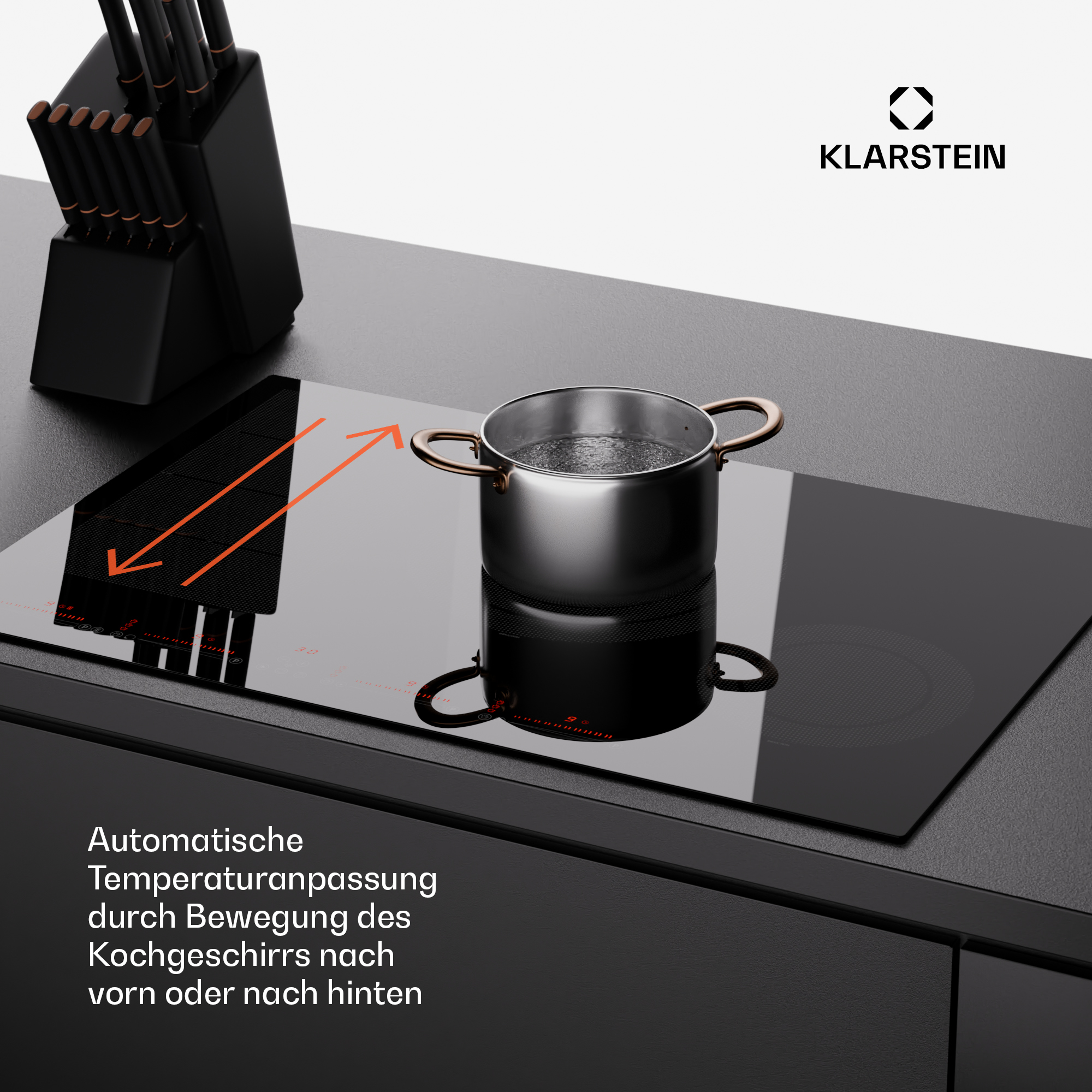 Induktionskochfeld mit Topf, mit Text zur Temperatureinstellung.