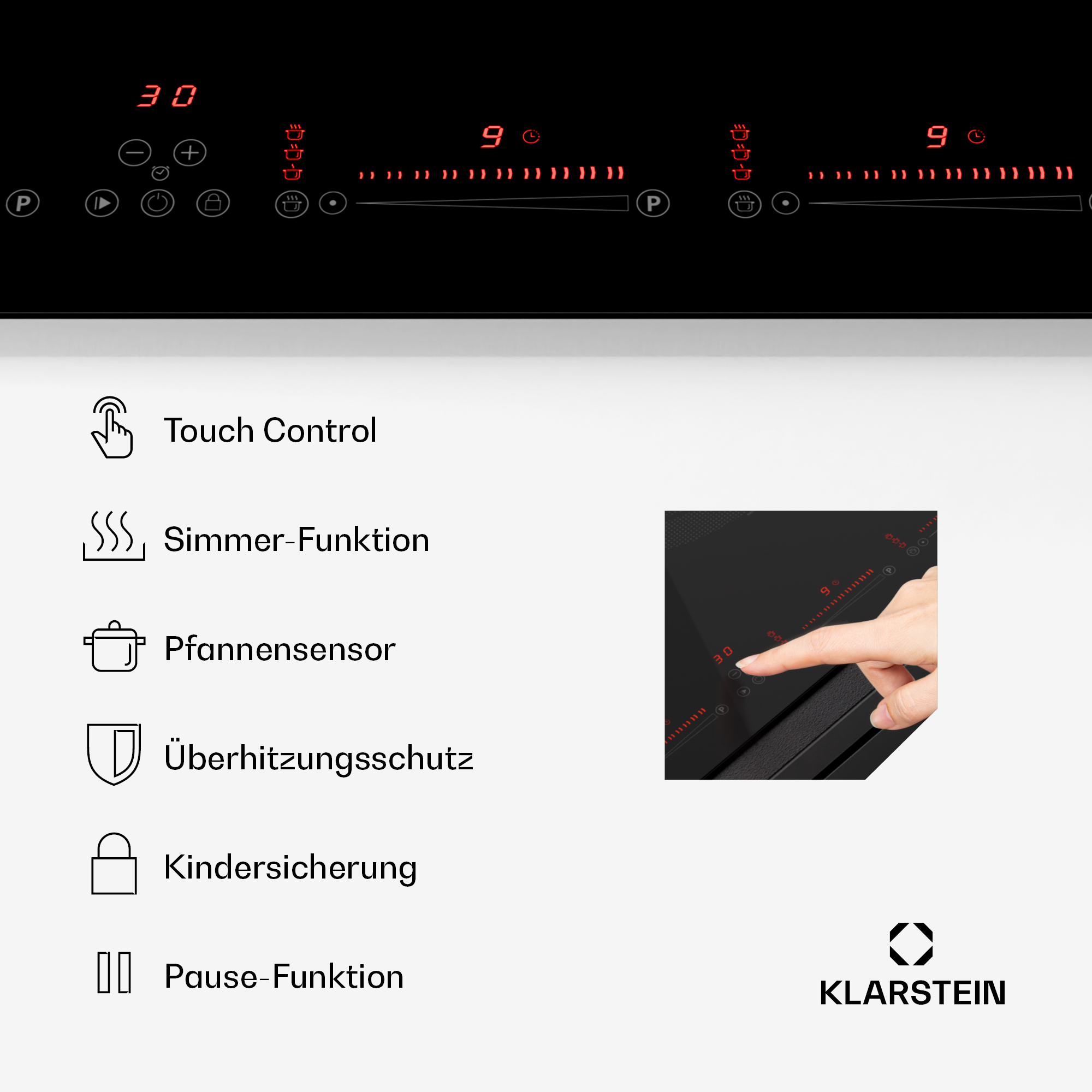 Ein schwarzes Kochfeld mit roter Digitalanzeige und Hand, die es berührt.