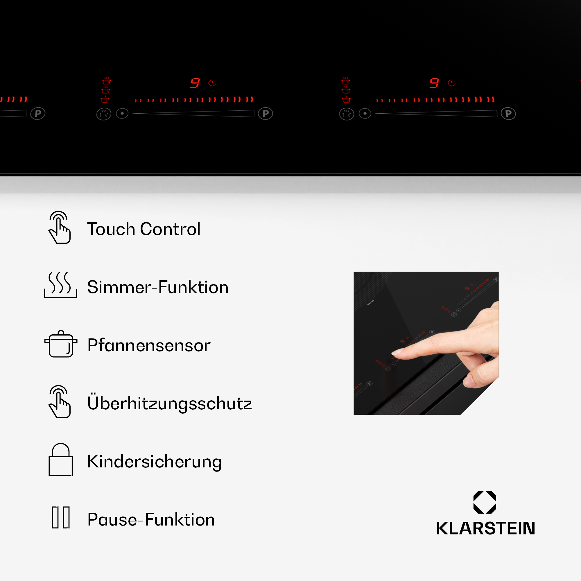Schwarzes Kochfeld mit Touch-Steuerung, mit einer Handinteraktion.