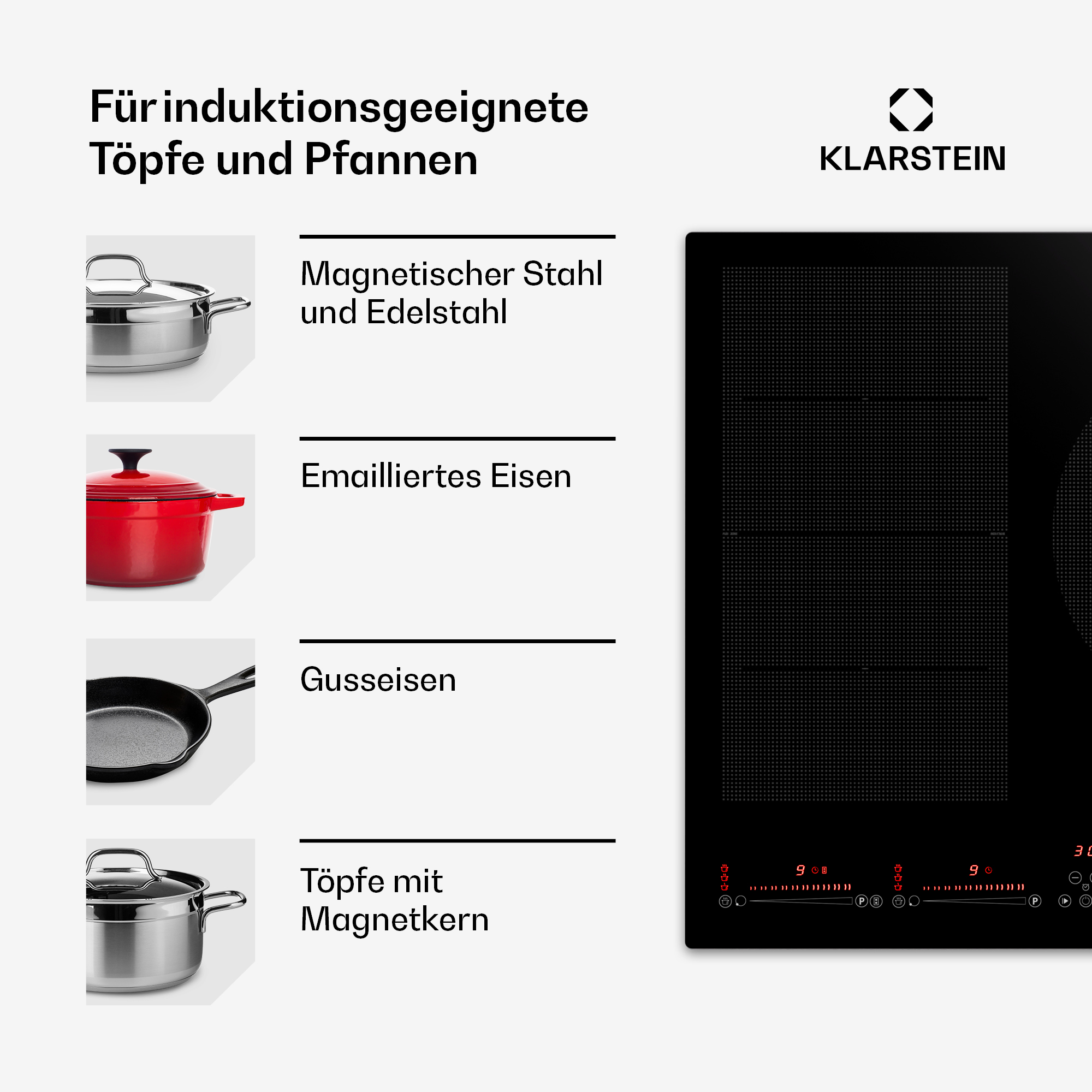 Ein Induktionskochfeld mit verschiedenen Arten von Pfannen. Text besagt: Für induktionsgeeignete Töpfe und Pfannen.