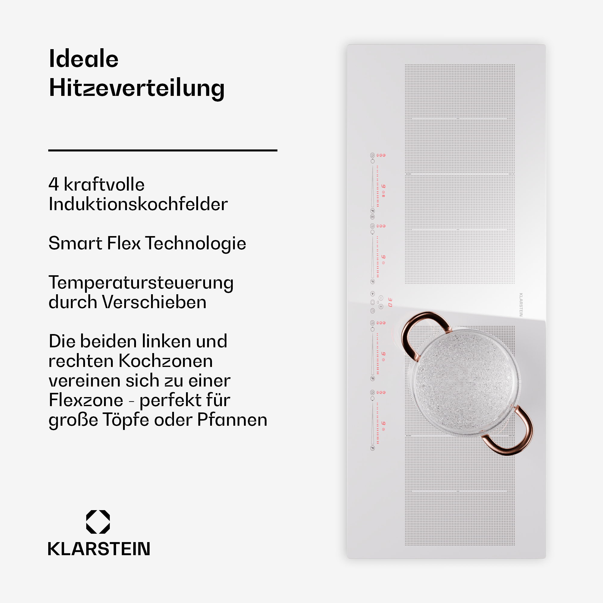 Weißes Induktionskochfeld mit Topf, Texte über Funktionen und ein Klarstein-Logo.