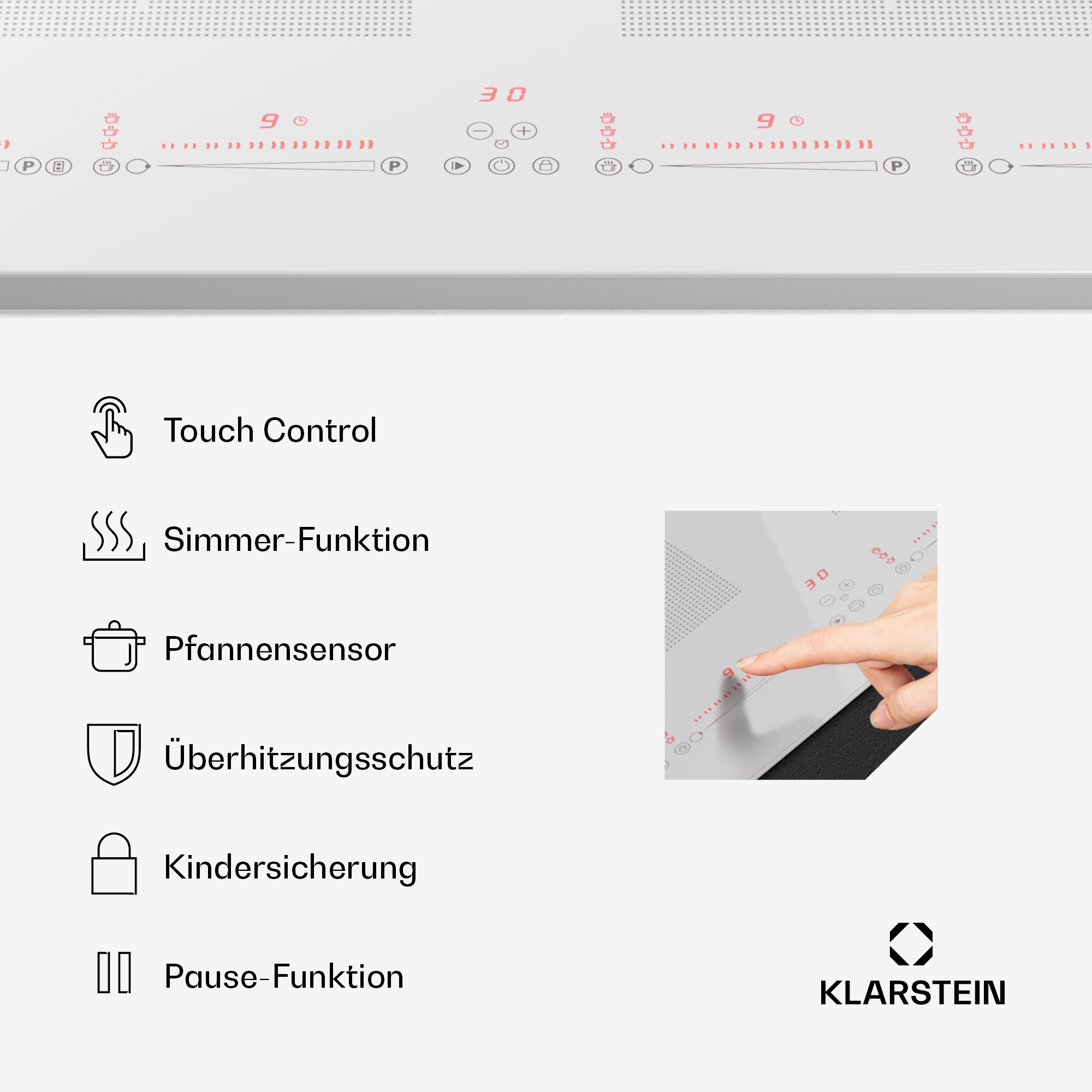 Ein weißes Kochfeld mit rotem Text und Touch-Steuerungssymbolen. Eine Hand berührt die Oberfläche.