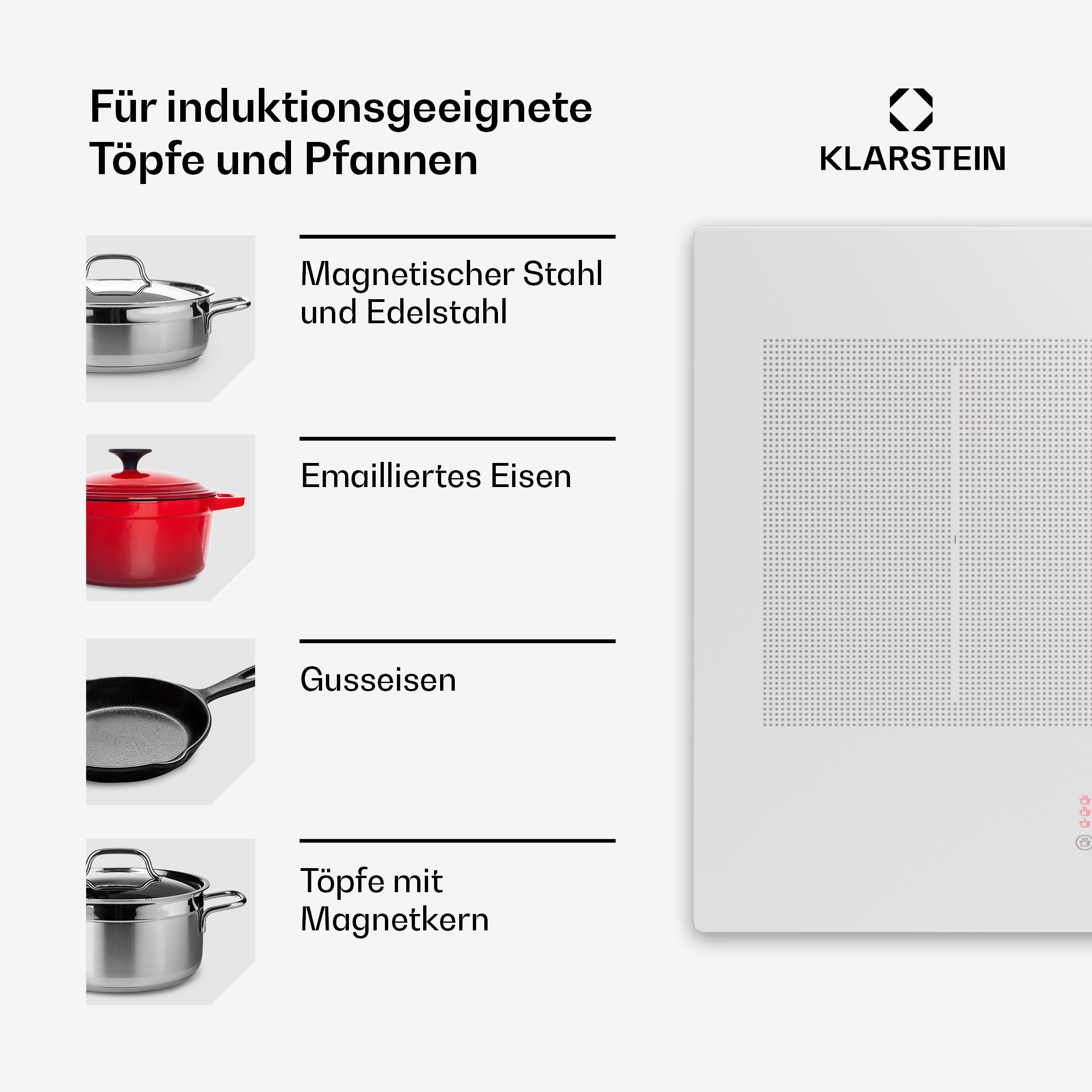 Induktionskochfeld mit Bildern von Töpfen und Pfannen und dem Klarstein-Logo.