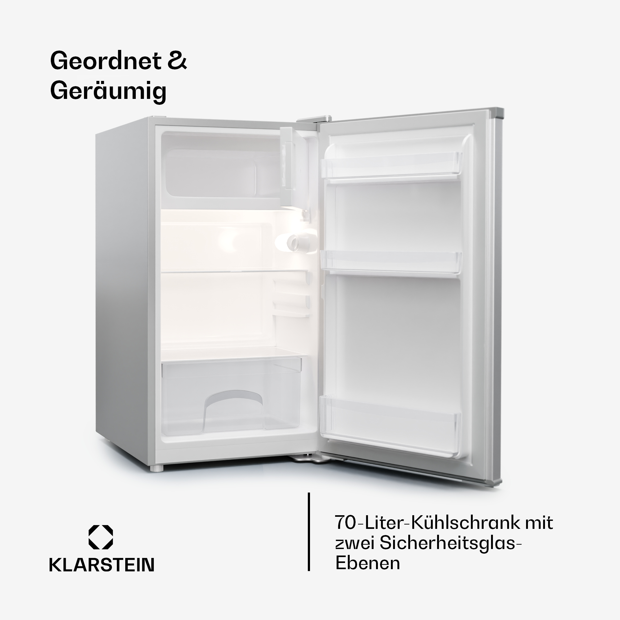 Mini frigo argento aperto con cibo all'interno. Ha ripiani e luce intensa.