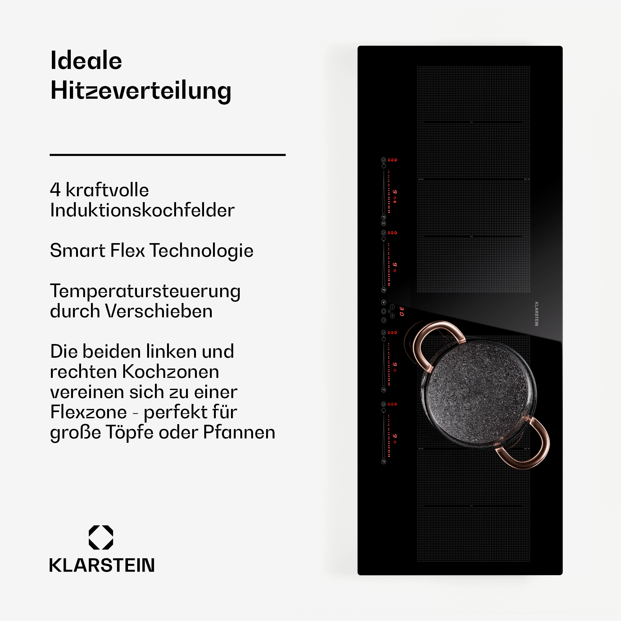 Ein schwarzes Induktionskochfeld mit einem Topf darauf und Text auf Deutsch, der seine Funktionen beschreibt.