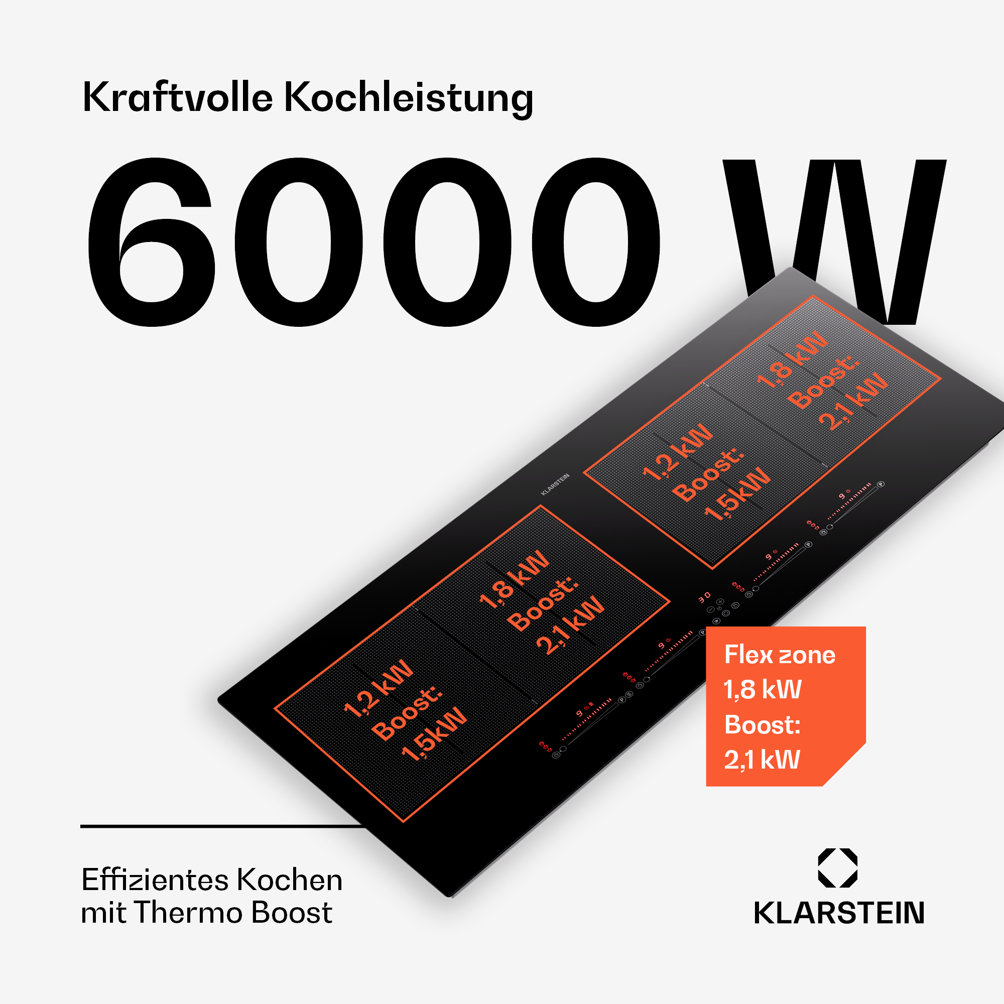 Schwarzes Induktionskochfeld mit Text, der 6000 W Leistung und Flexzone anzeigt.