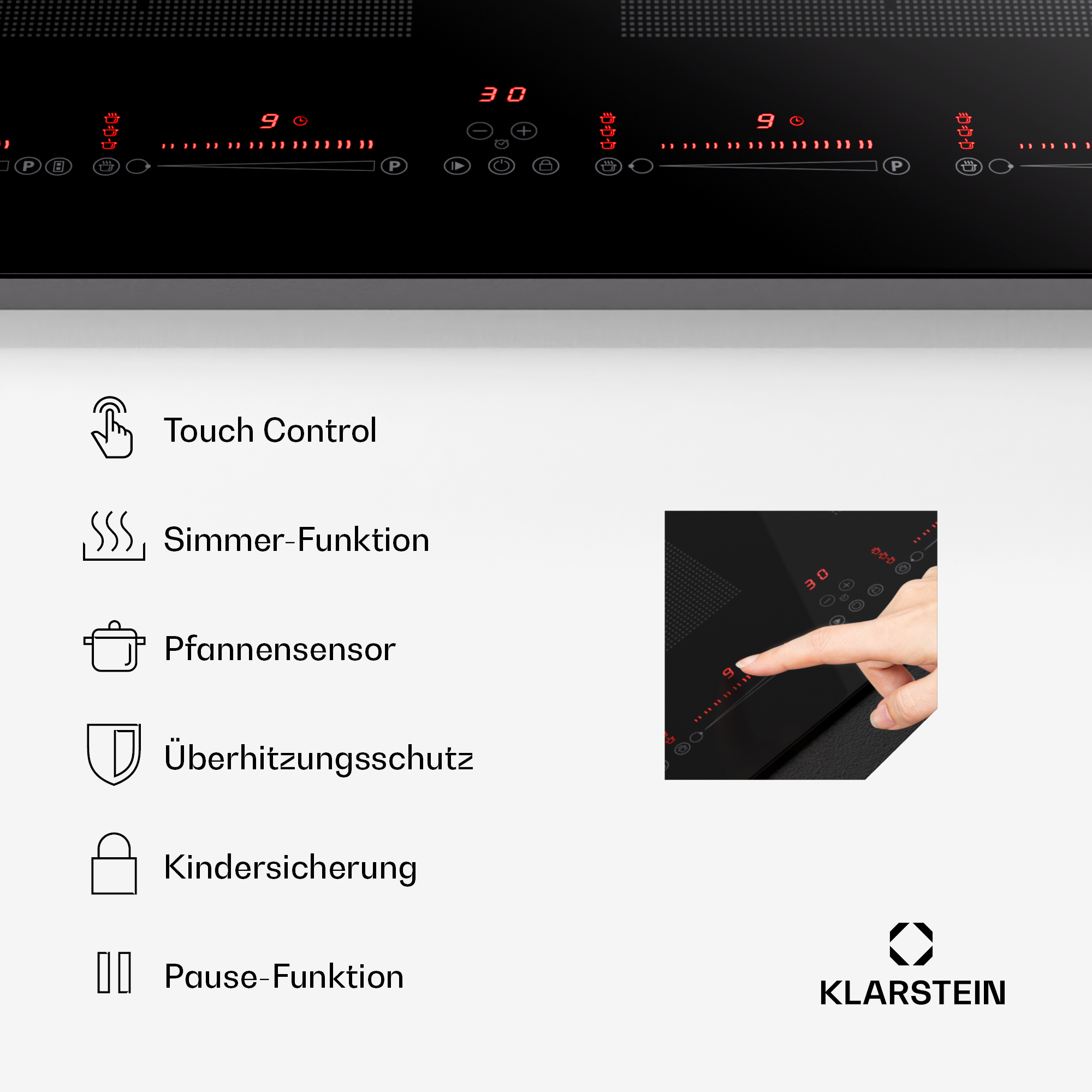 Schwarzes Induktionskochfeld mit roter Digitalanzeige und Touch-Steuerung.