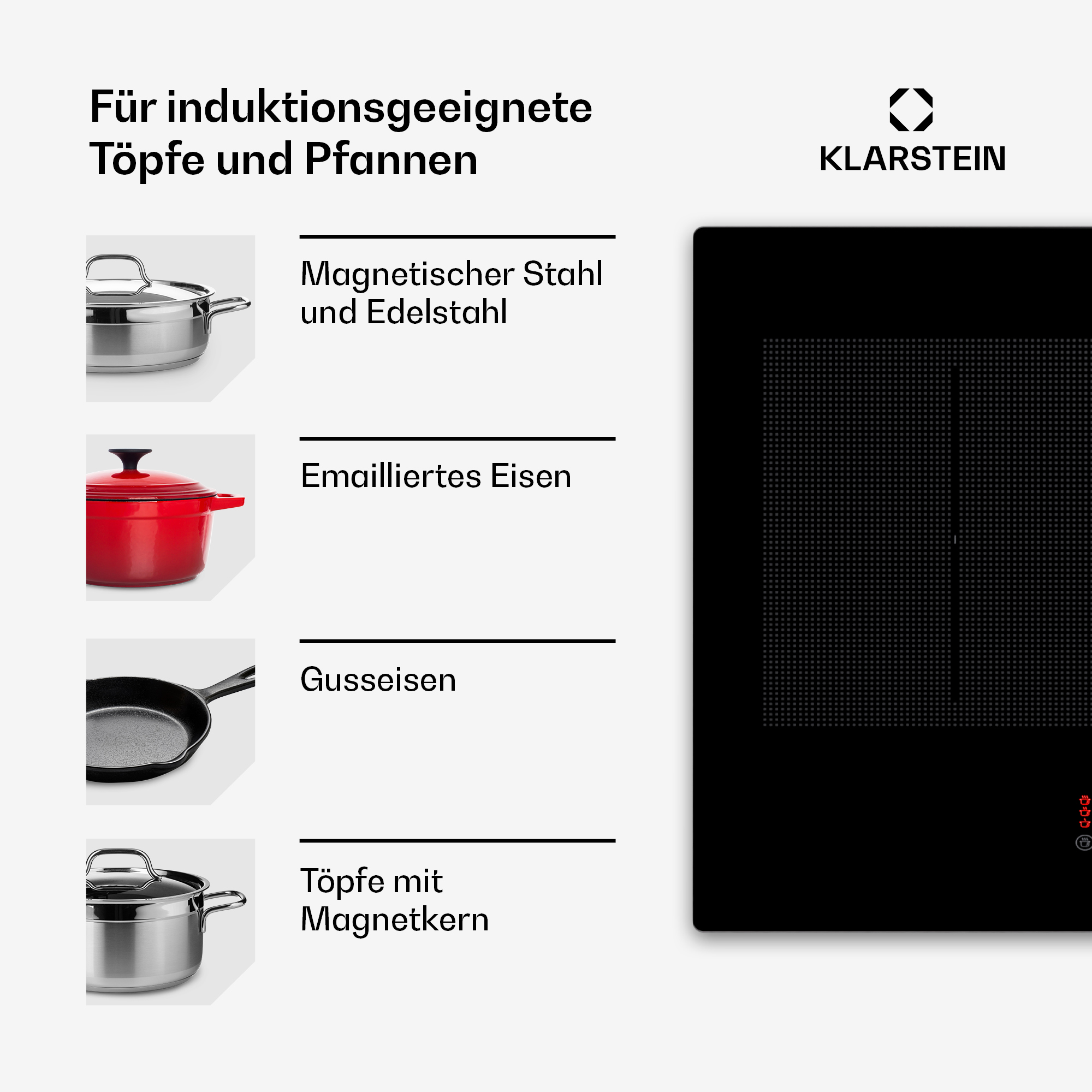 Induktionskochfeld mit Töpfen und Pfannen. Edelstahl und emailliertes Eisen.