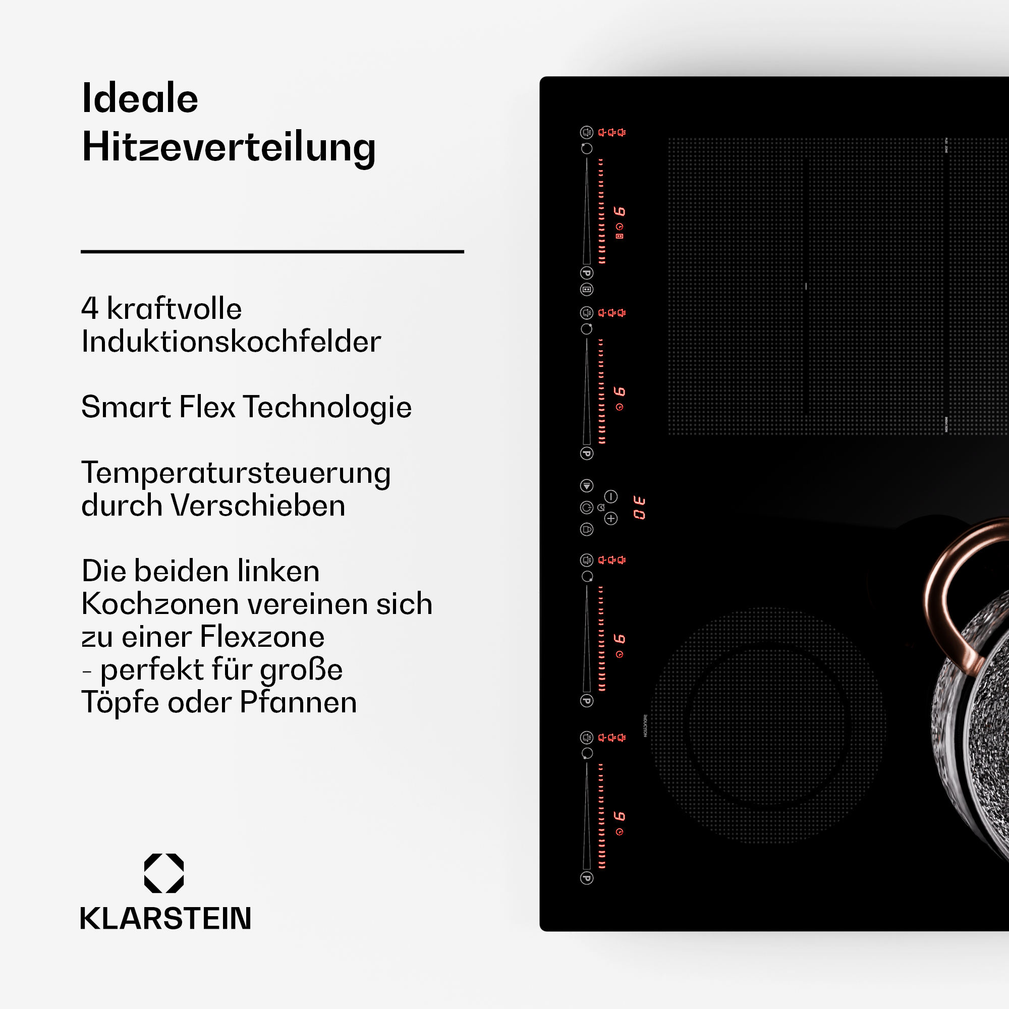 Schwarzes Induktionskochfeld, Text: Ideale Hitzeverteilung. Vier Kochzonen mit Touch-Bedienelementen.