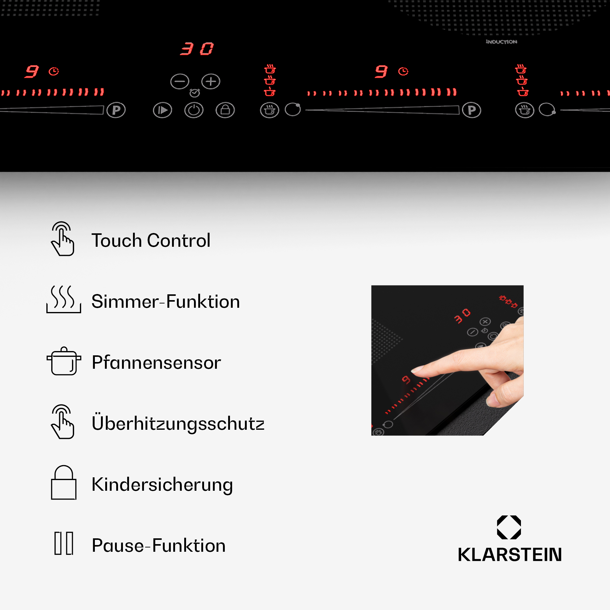 Induktionskochfeld mit Touch-Control, Simmer-Funktion und Handberührung.