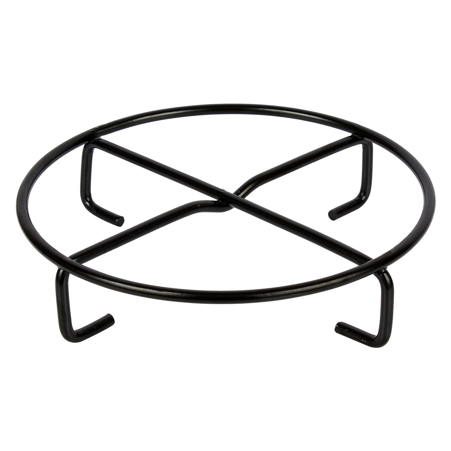 Schwarzer Metall-Topfuntersetzer mit rundem Design. Er hat gebogene Beine und eine kreuzförmige Stütze.