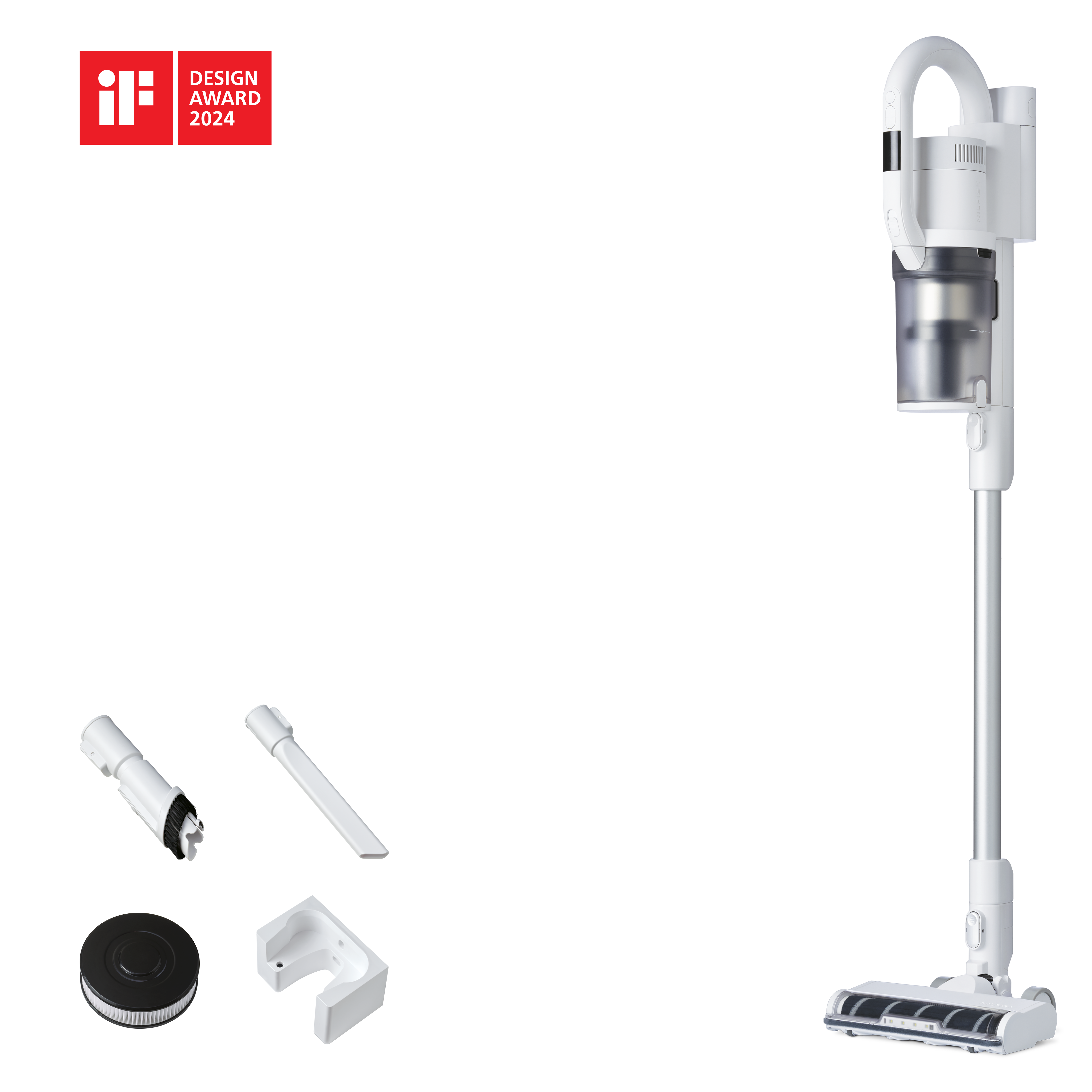 Witte snoerloze stofzuiger en accessoires. Rood 'Design Award 2024' logo in de hoek.