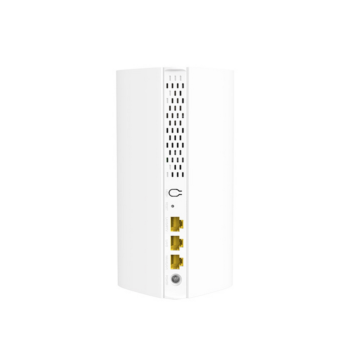 Un router bianco con una serie di porte e alcune luci.