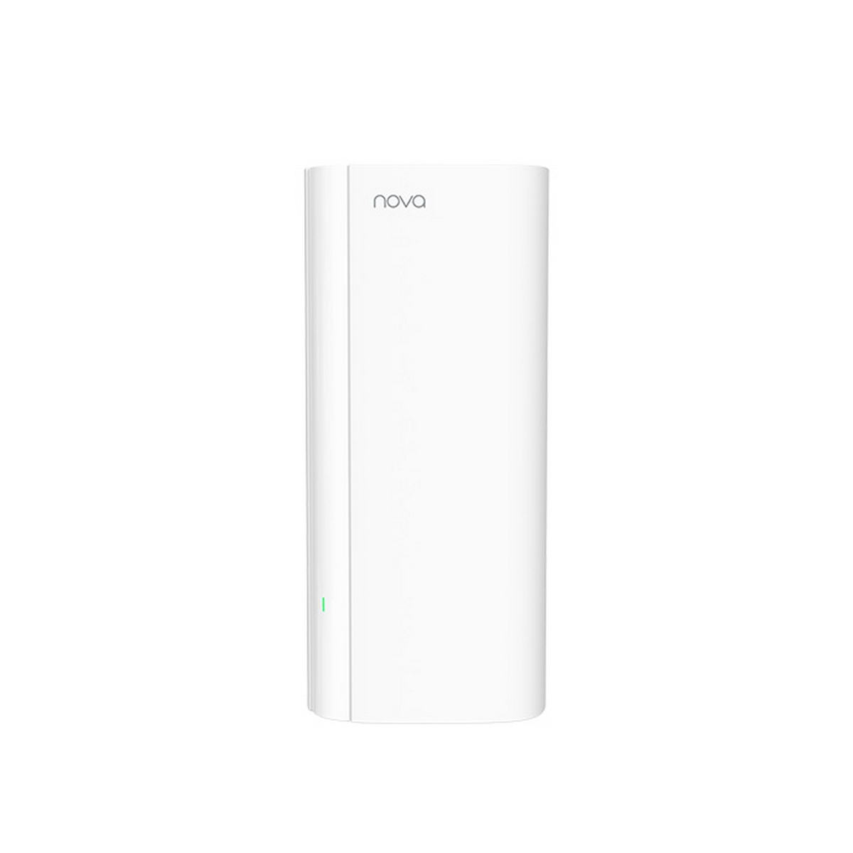 Router Nova bianco su sfondo bianco. Ha un design semplice con il marchio sopra.