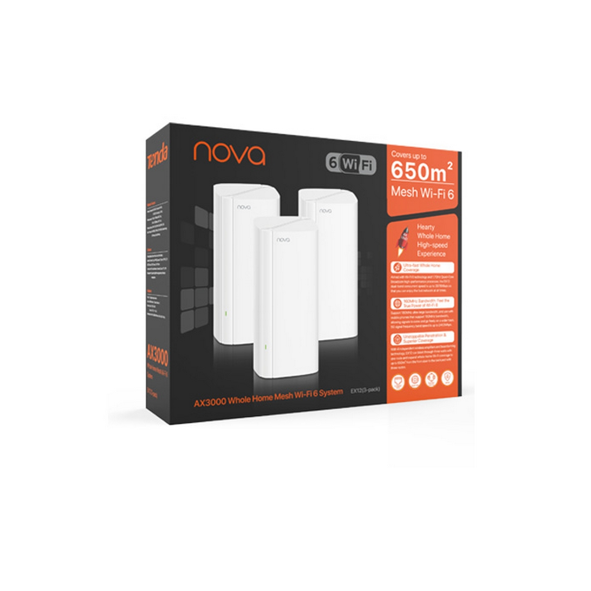 Una scatola bianca del router con tre dispositivi Wi-Fi mesh bianchi. Testo sulla scatola.