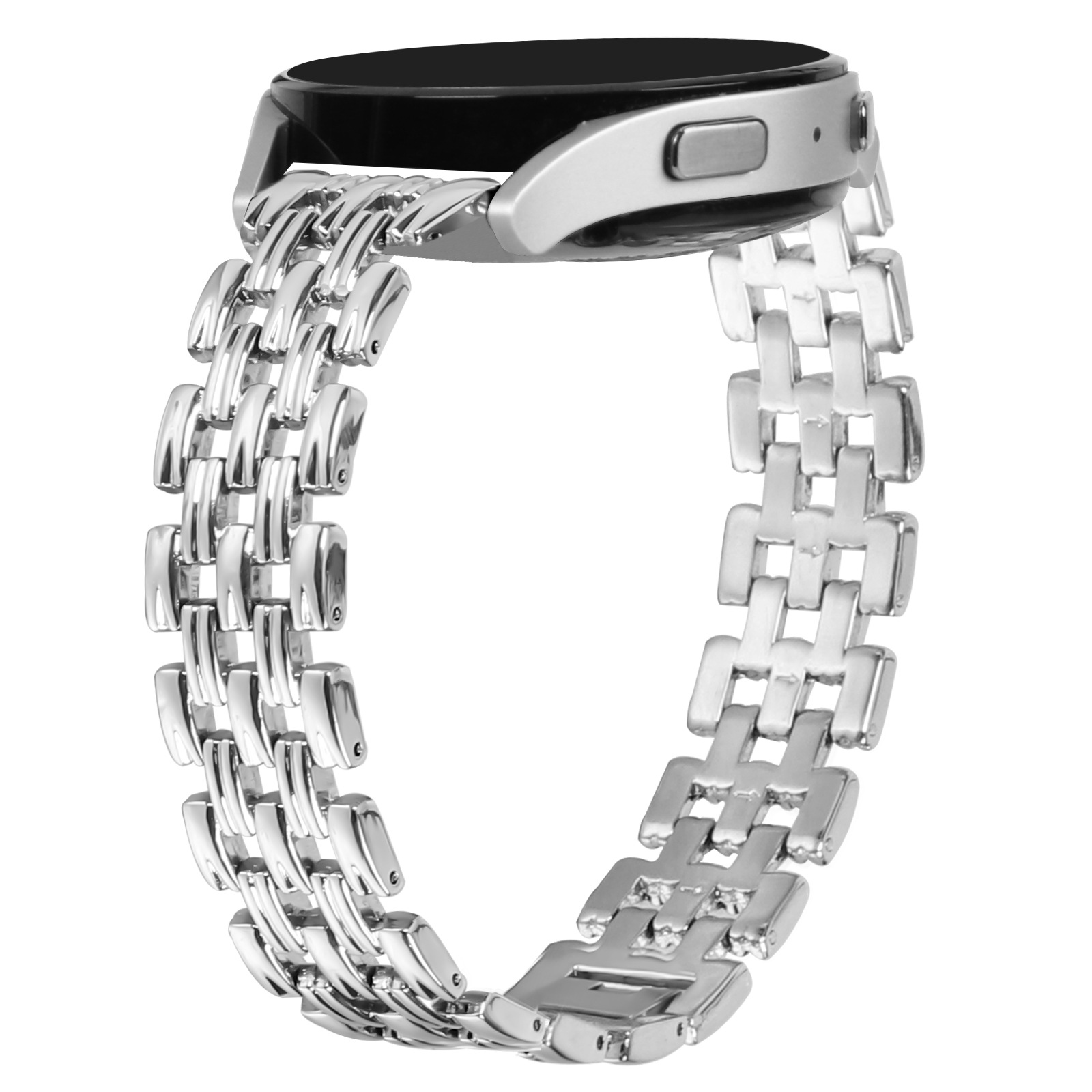 Silbernes Uhrenarmband auf weißem Hintergrund, mit schwarzem Uhrenbildschirm.