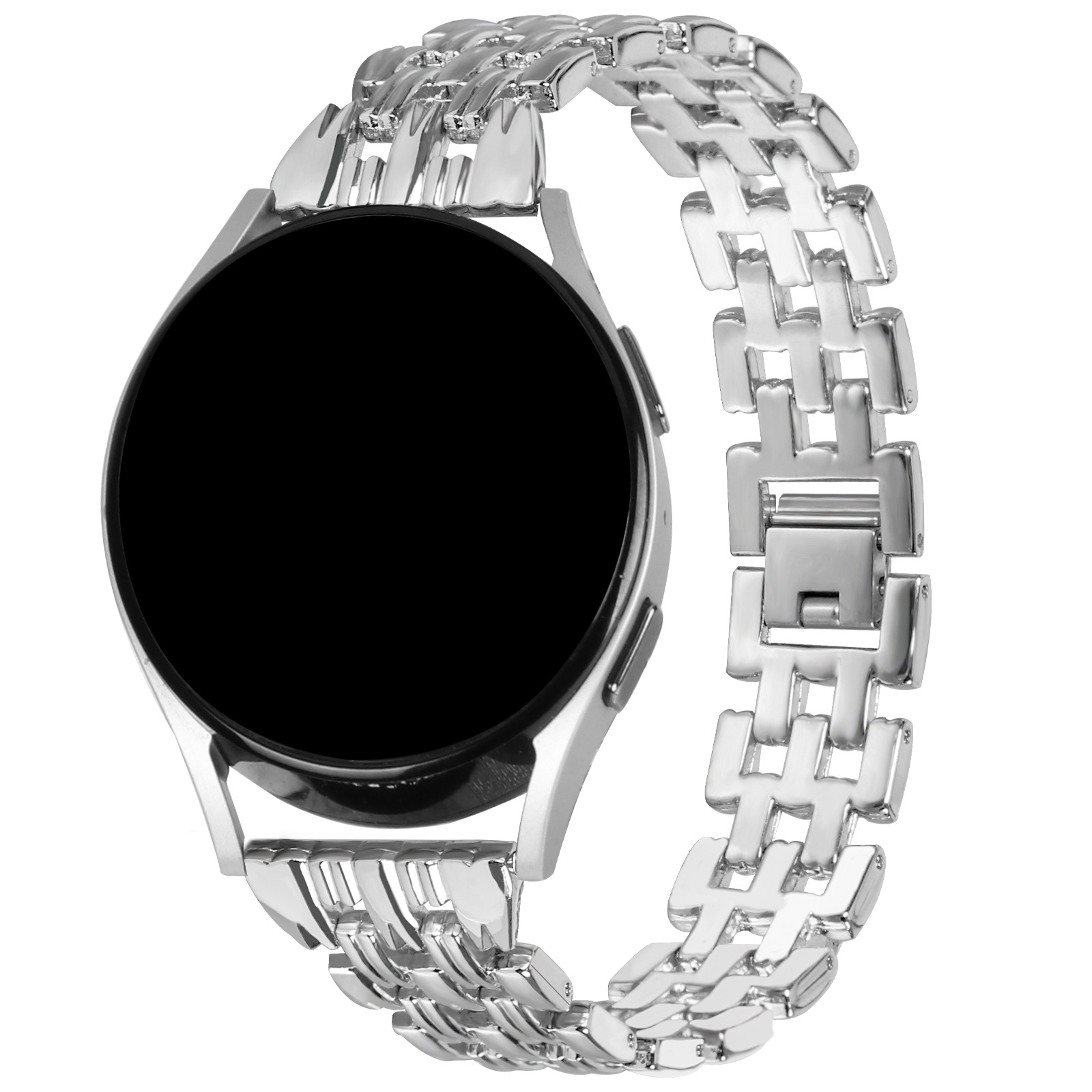 Silberne Smartwatch mit Metallarmband. Das Zifferblatt ist schwarz und kreisförmig, auf weißem Hintergrund.