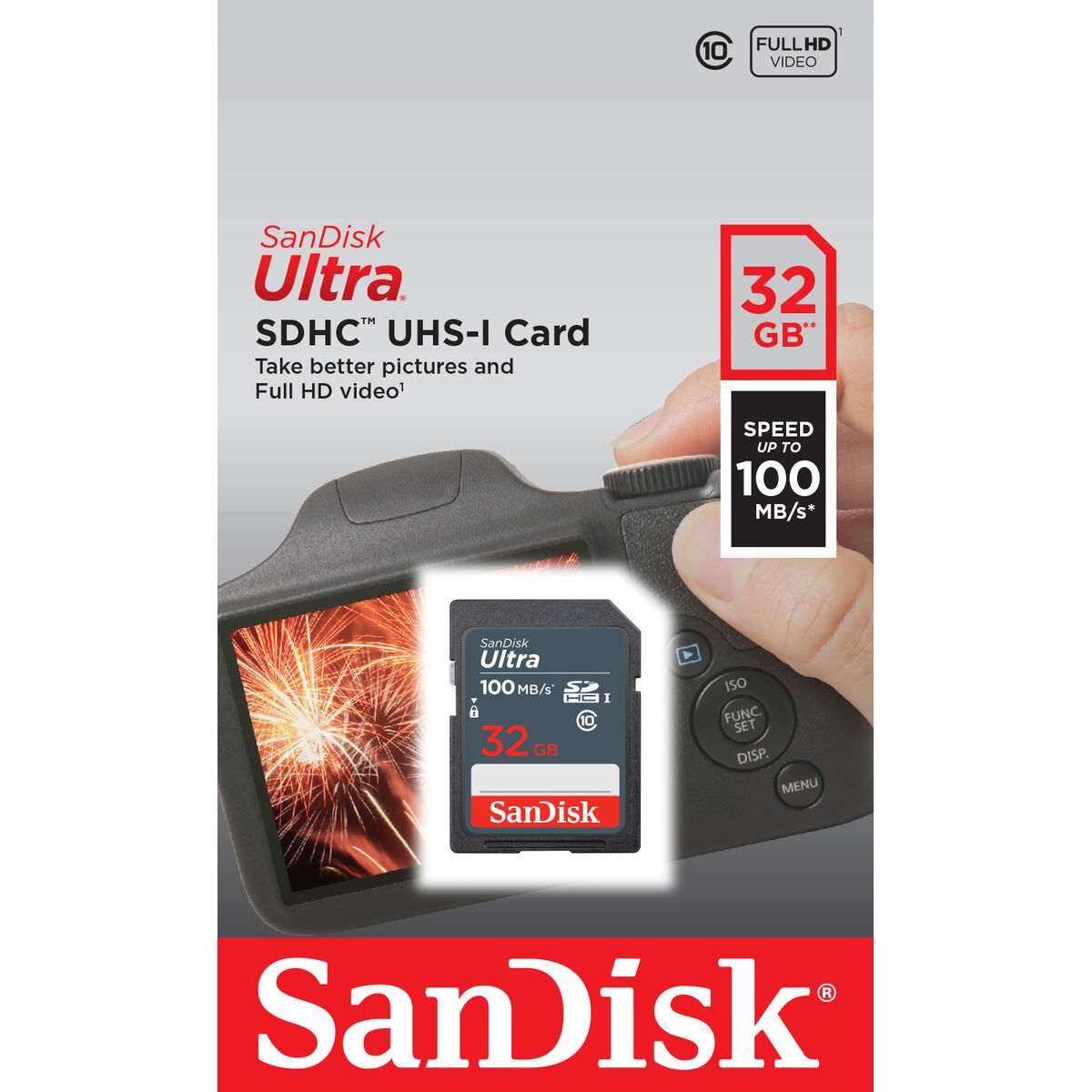 Sandisk Ultra SDHC UHS-I Karte, mit Kartenleser, verpackt und mit Kamera dargestellt.