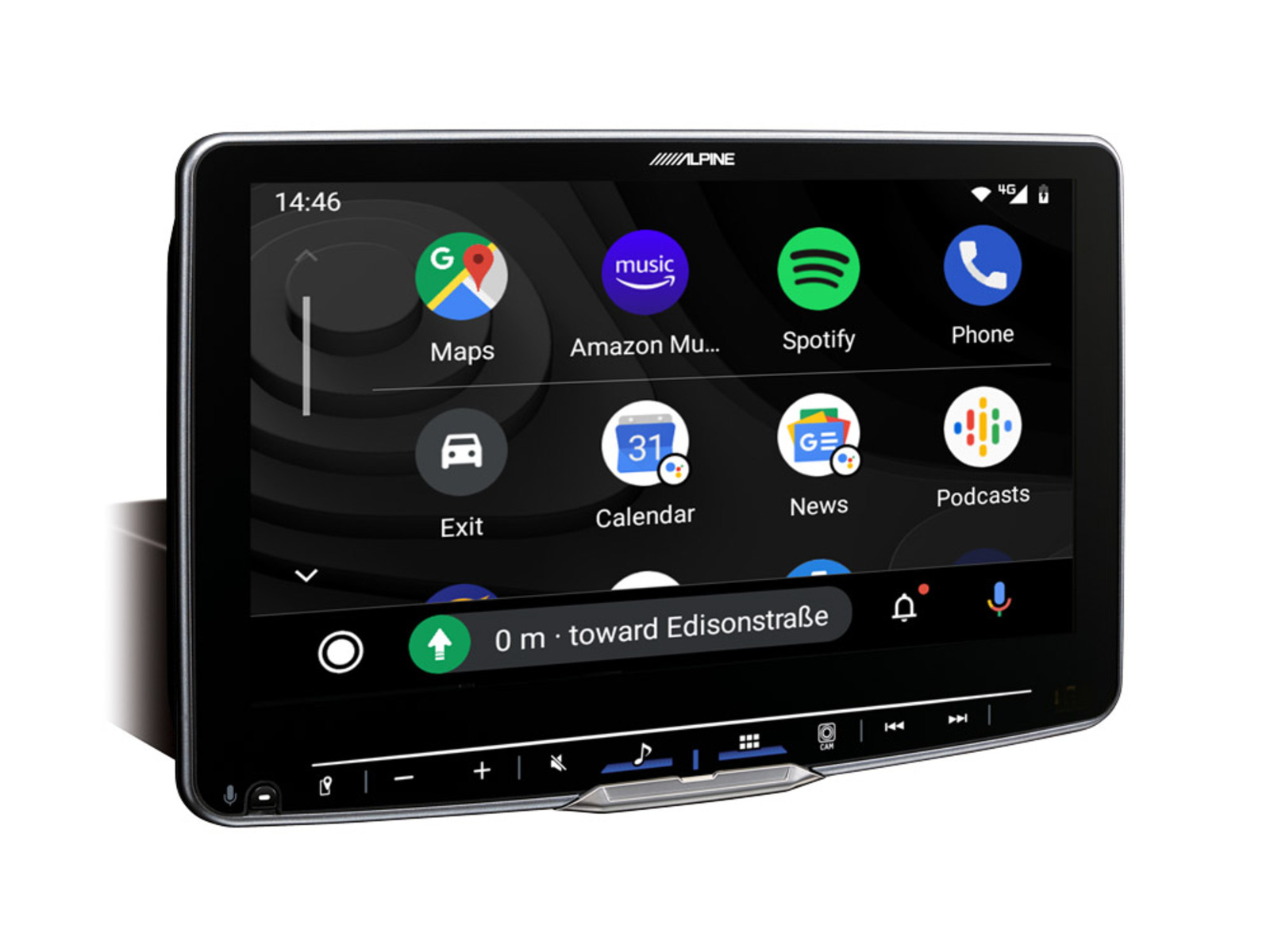 Ein Bildschirm des Car-Infotainmentsystems, der App-Symbole und Navigationsinformationen anzeigt.