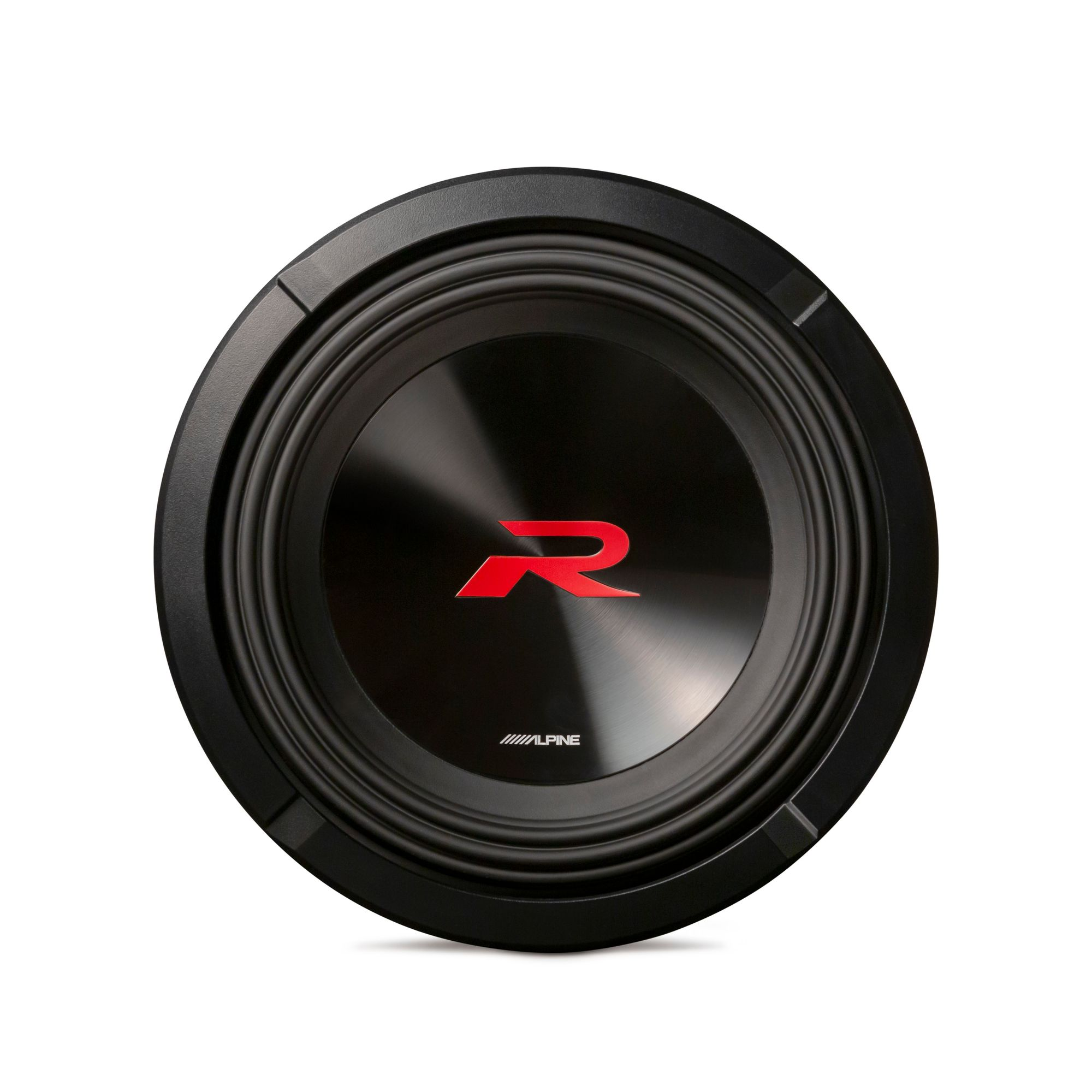 Schwarzer Auto-Subwoofer mit rotem „R“-Logo. Der Lautsprecher ist rund und hat eine schwarze Einfassung.