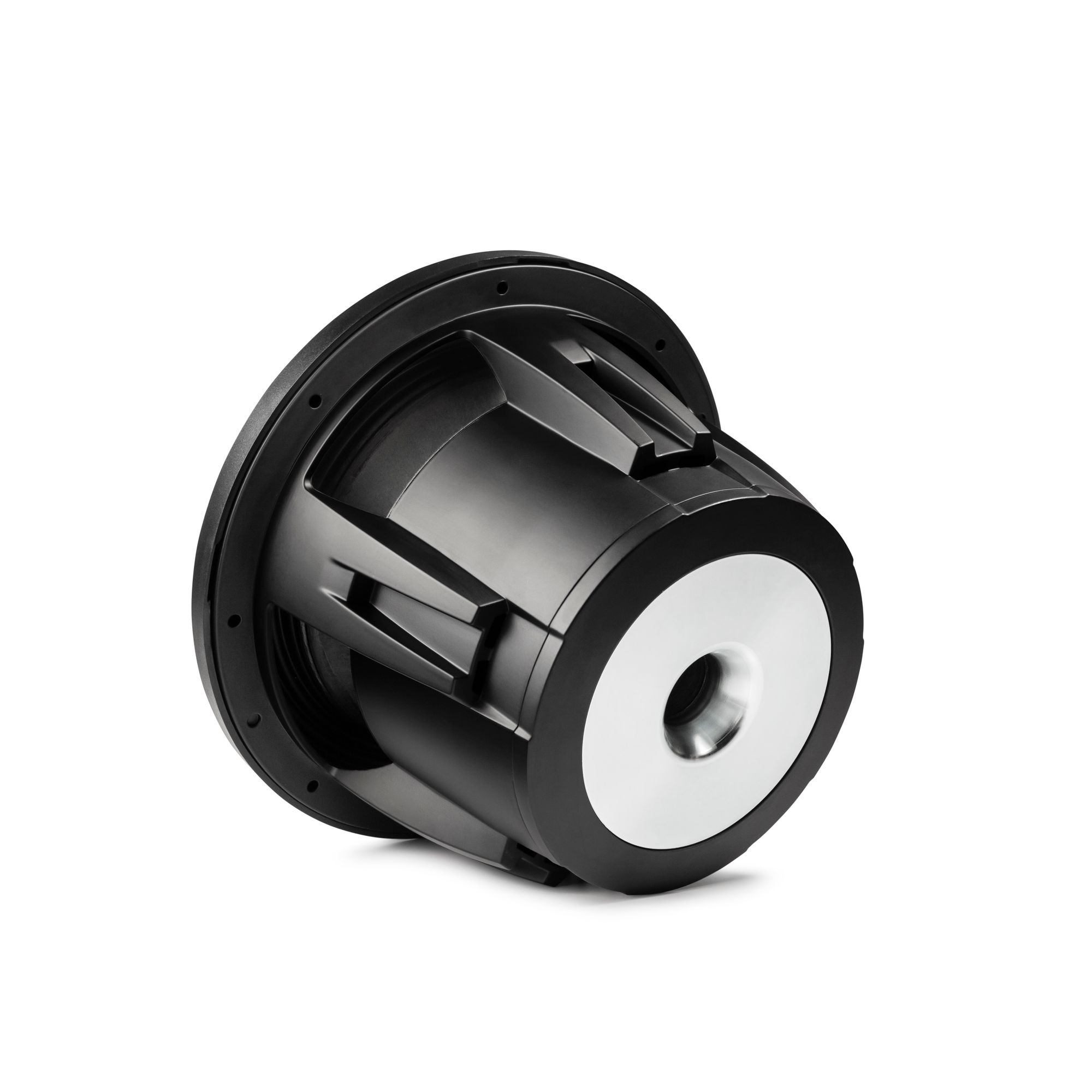 Schwarzer Subwoofer-Lautsprecher. Der Lautsprecher ist zylindrisch mit großer Öffnung.
