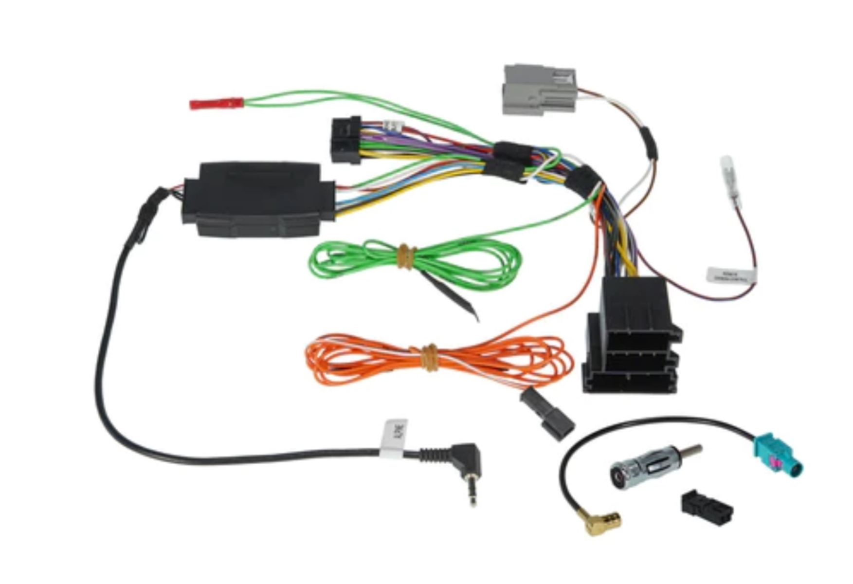 Kabelbaum mit mehreren Drähten und Steckern. Enthält USB-Anschluss und verschiedenfarbige Drähte.