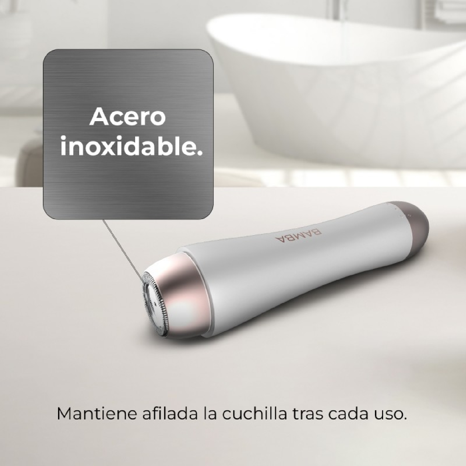 Una depiladora blanca y oro rosa. El texto dice 'acero inoxidable' y 'mantiene afilada la cuchilla tras cada uso'.