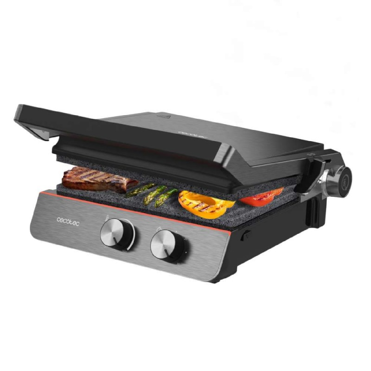 Cecotec grill met voedsel erin, open, met zwart en grijs ontwerp, op een witte achtergrond.
