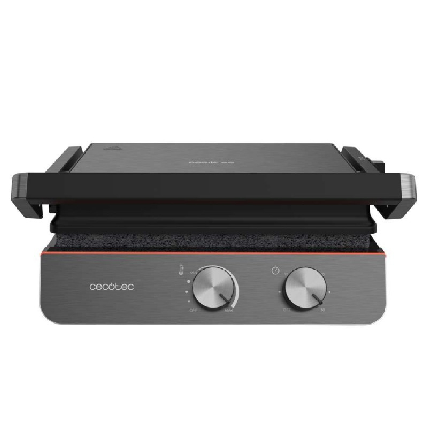 Een zwarte en grijze Cecotec sandwichmaker met twee draaiknoppen. Heeft oranje accenten. Bovenkant gesloten.