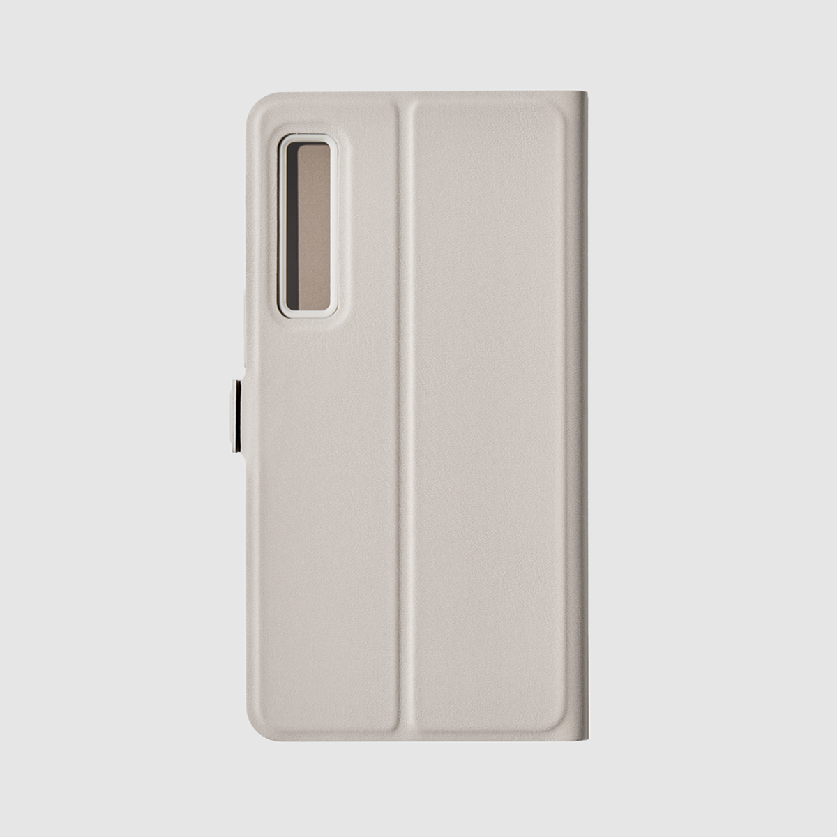 Custodia beige per telefono chiusa, con fessura per carte visibile.