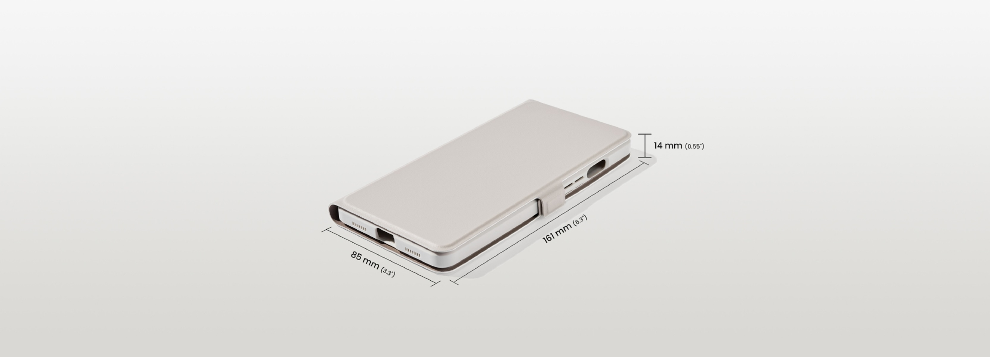 Una custodia bianca per telefono con dimensioni: 85 mm x 161 mm x 14 mm. Ha ritagli per pulsanti e porte.