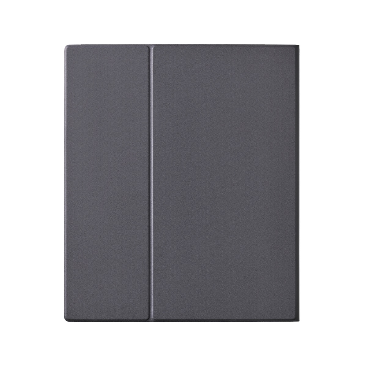 Funda gris y plegable para tableta. La cubierta frontal está doblada. El fondo es blanco.
