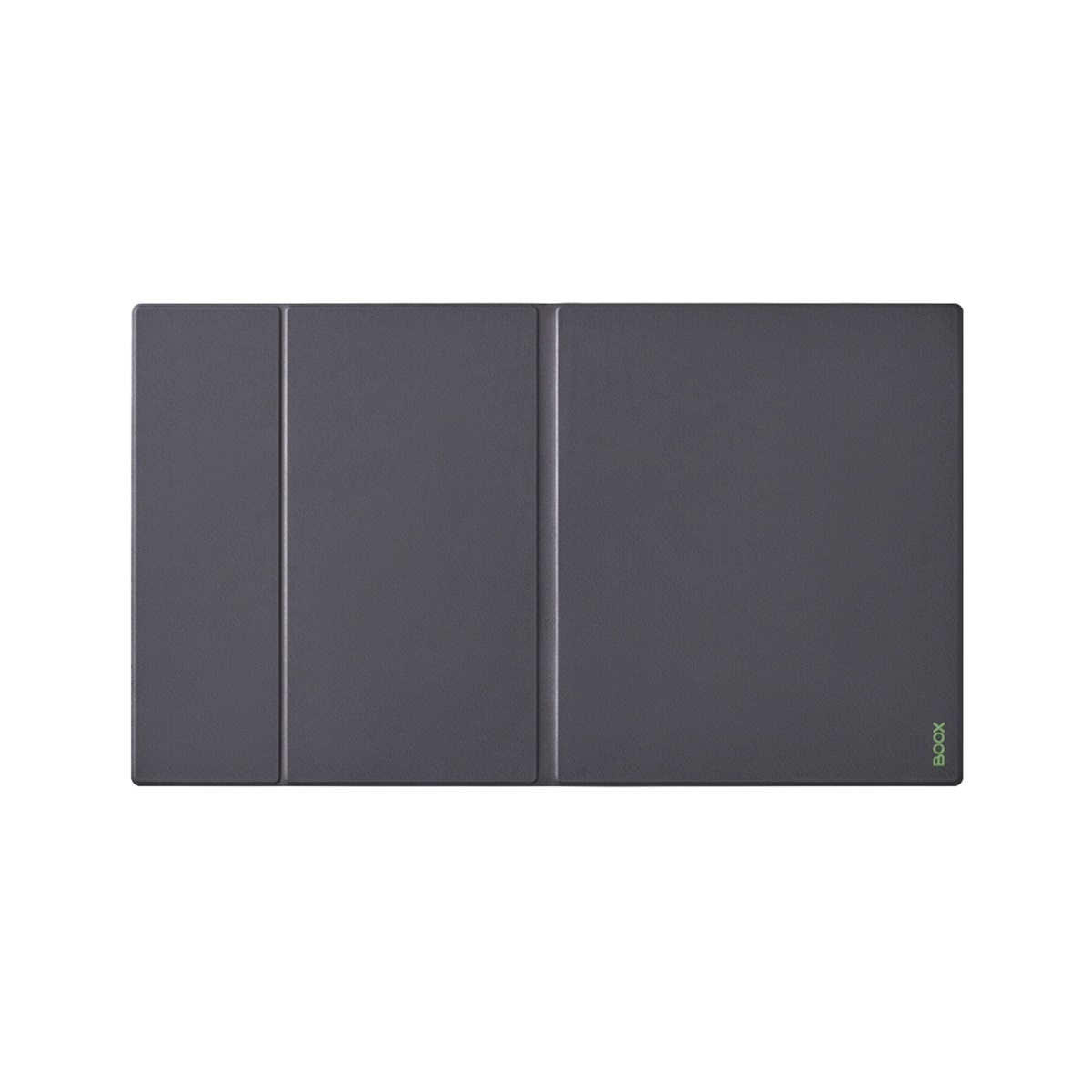 Funda gris para tableta con tres pliegues verticales. La marca 'BOOX' está a la derecha.