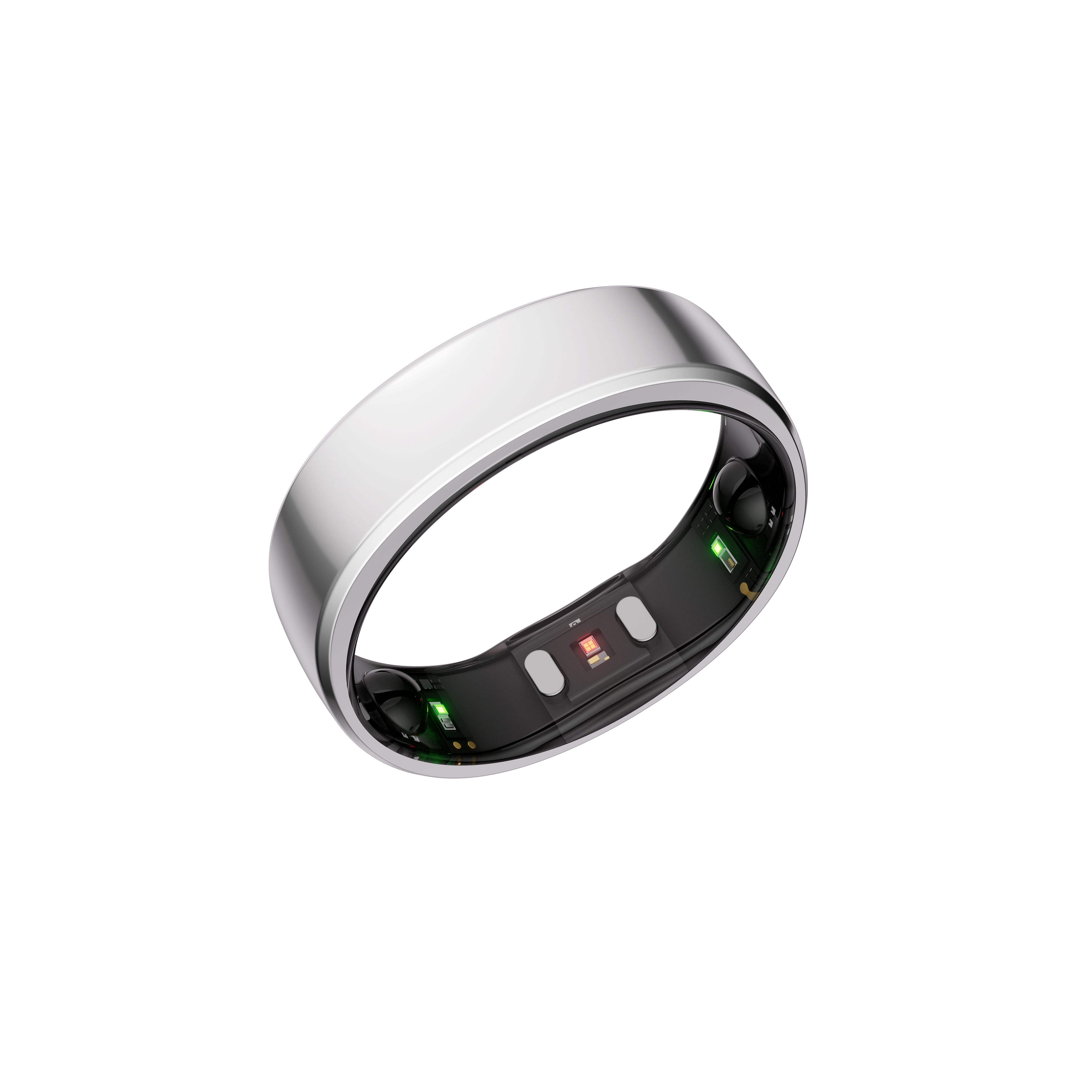 Silberner Smart Ring auf schwarzem Hintergrund, mit grünen Lichtern.