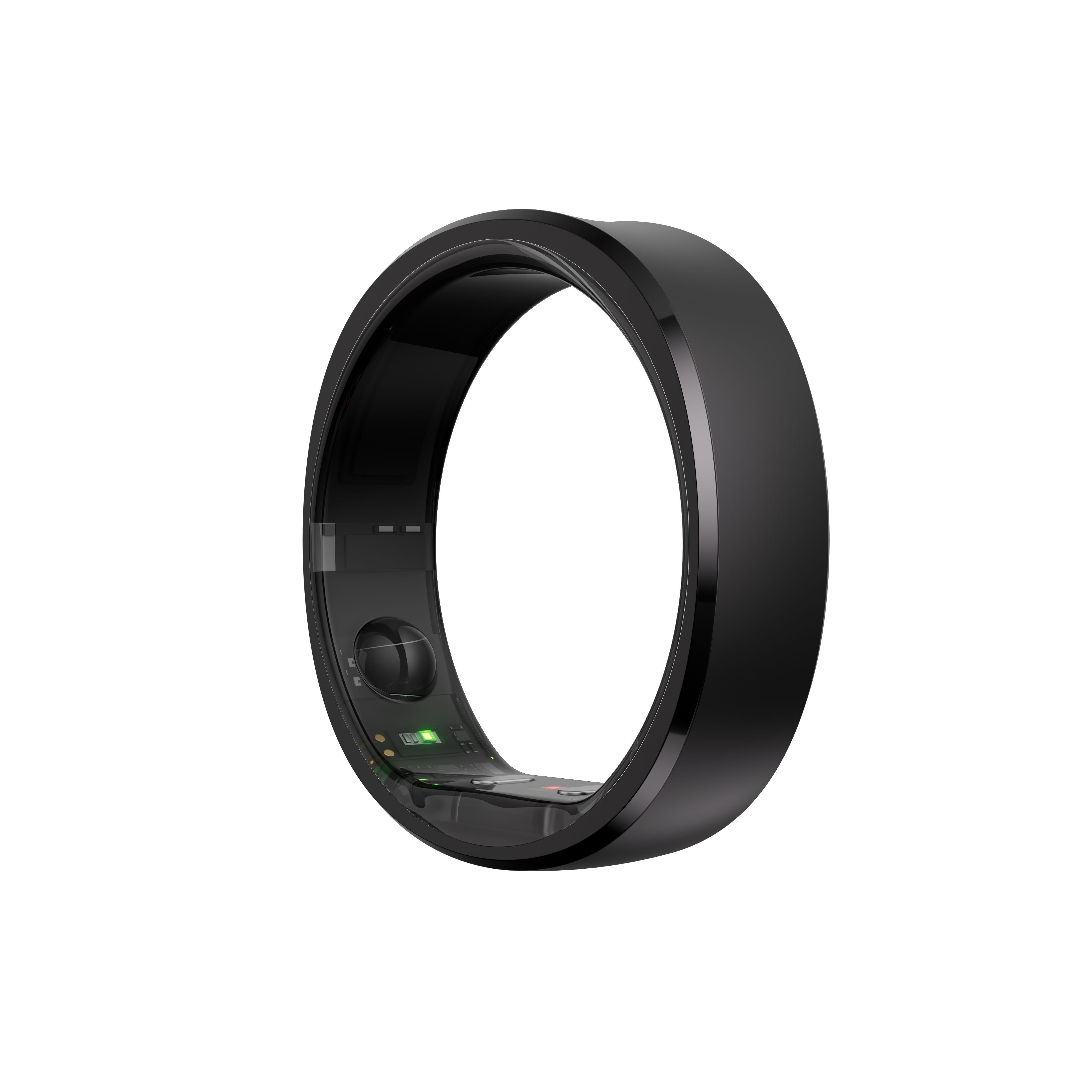Schwarzer Smart-Ring mit geschwungenem Design auf schwarzem Hintergrund, mit grünem Licht.