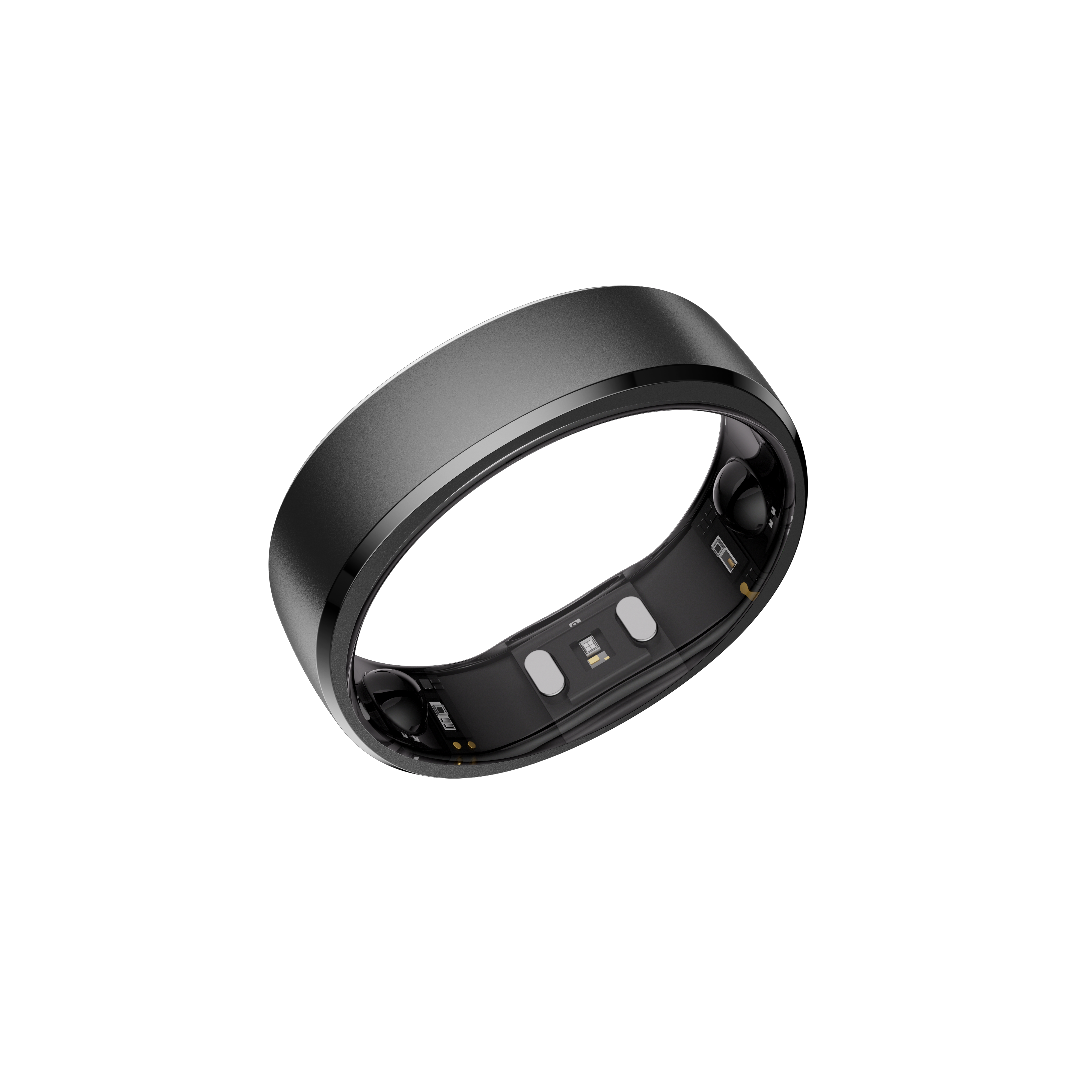 Schwarzer intelligenter Ring auf schwarzem Hintergrund. Der Ring ist abgerundet und hat Sensoren.
