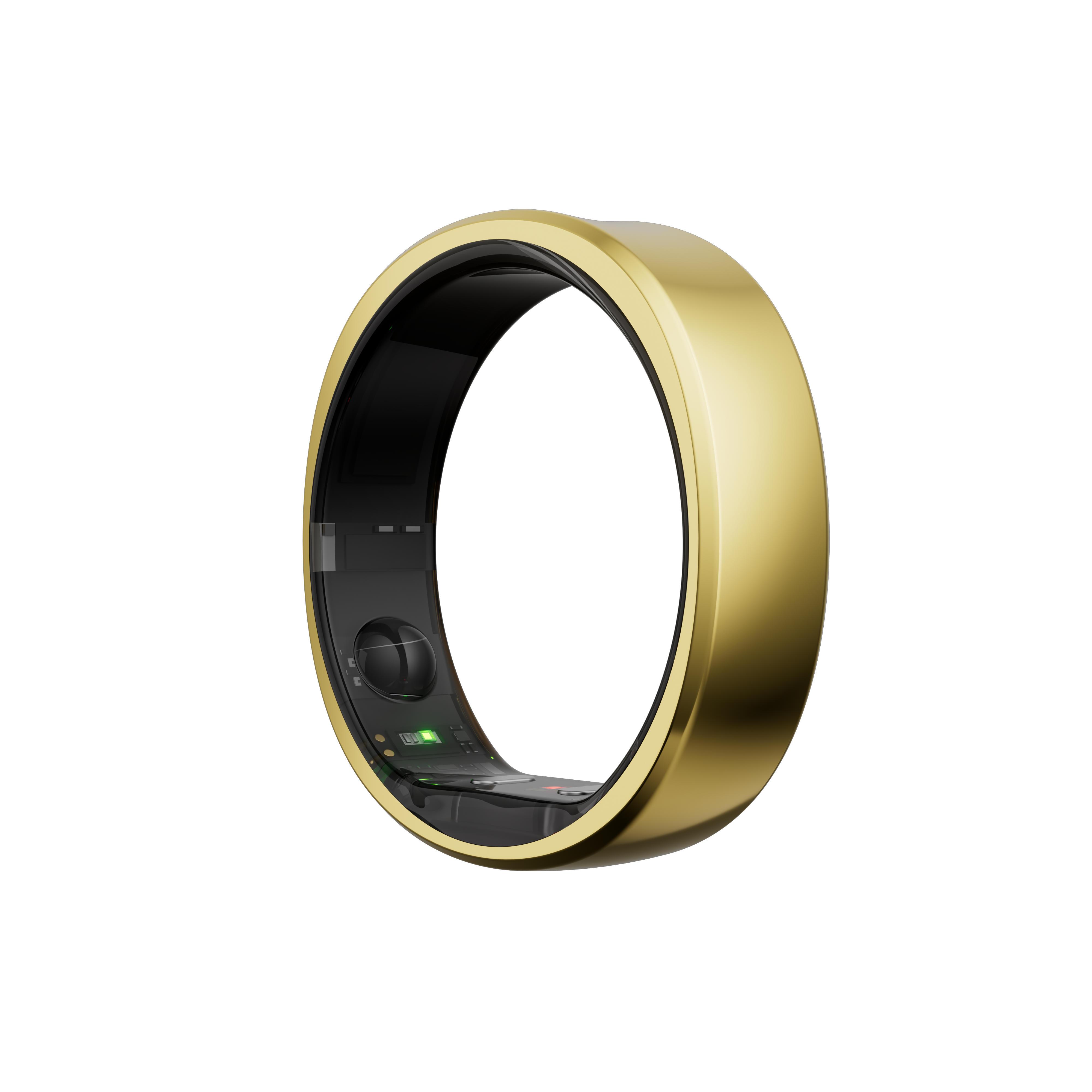 Goldener Smartring mit schwarzem Innenraum auf schwarzem Hintergrund.