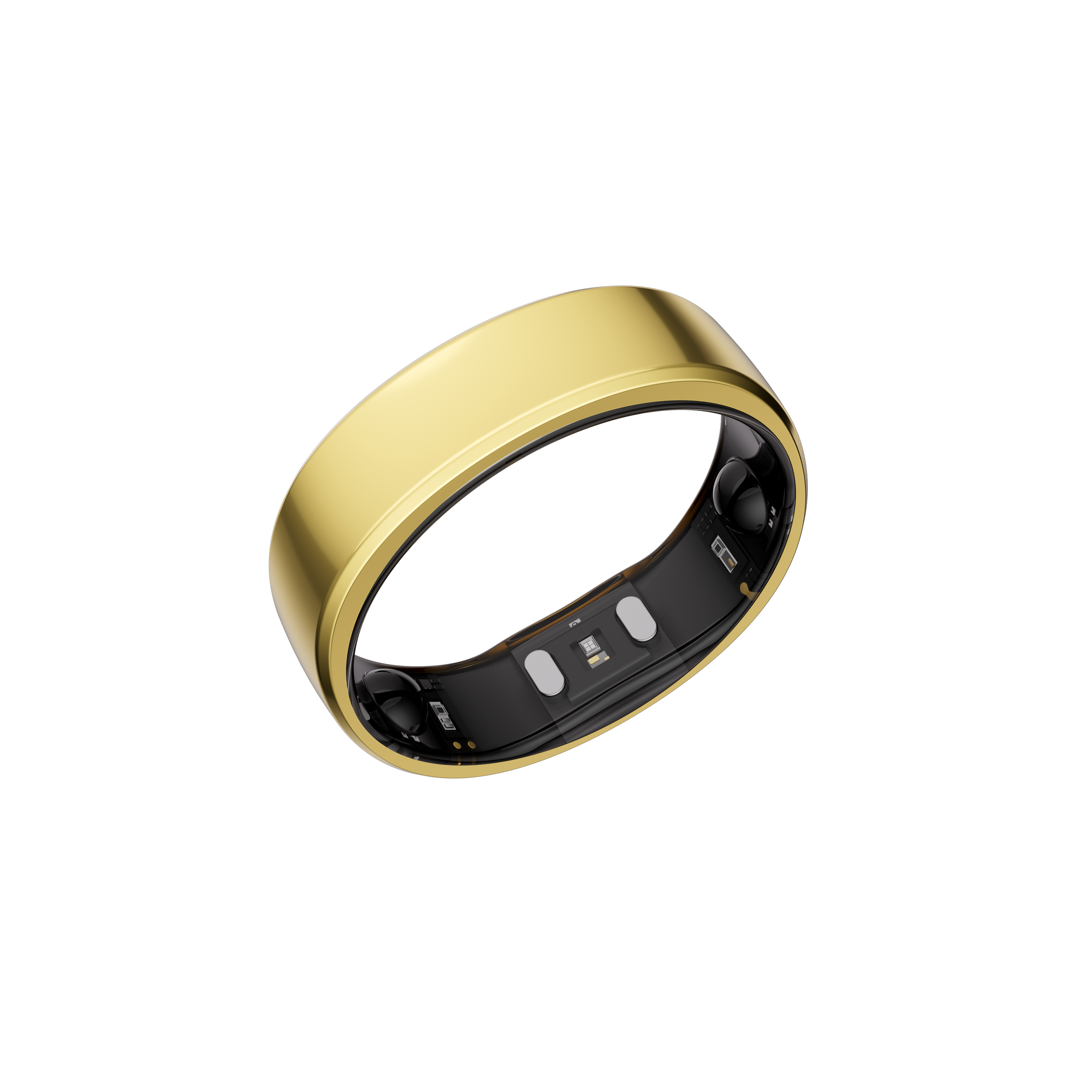 Goldener Ring mit schwarzen Innenkomponenten, ein tragbares Tech-Gerät.